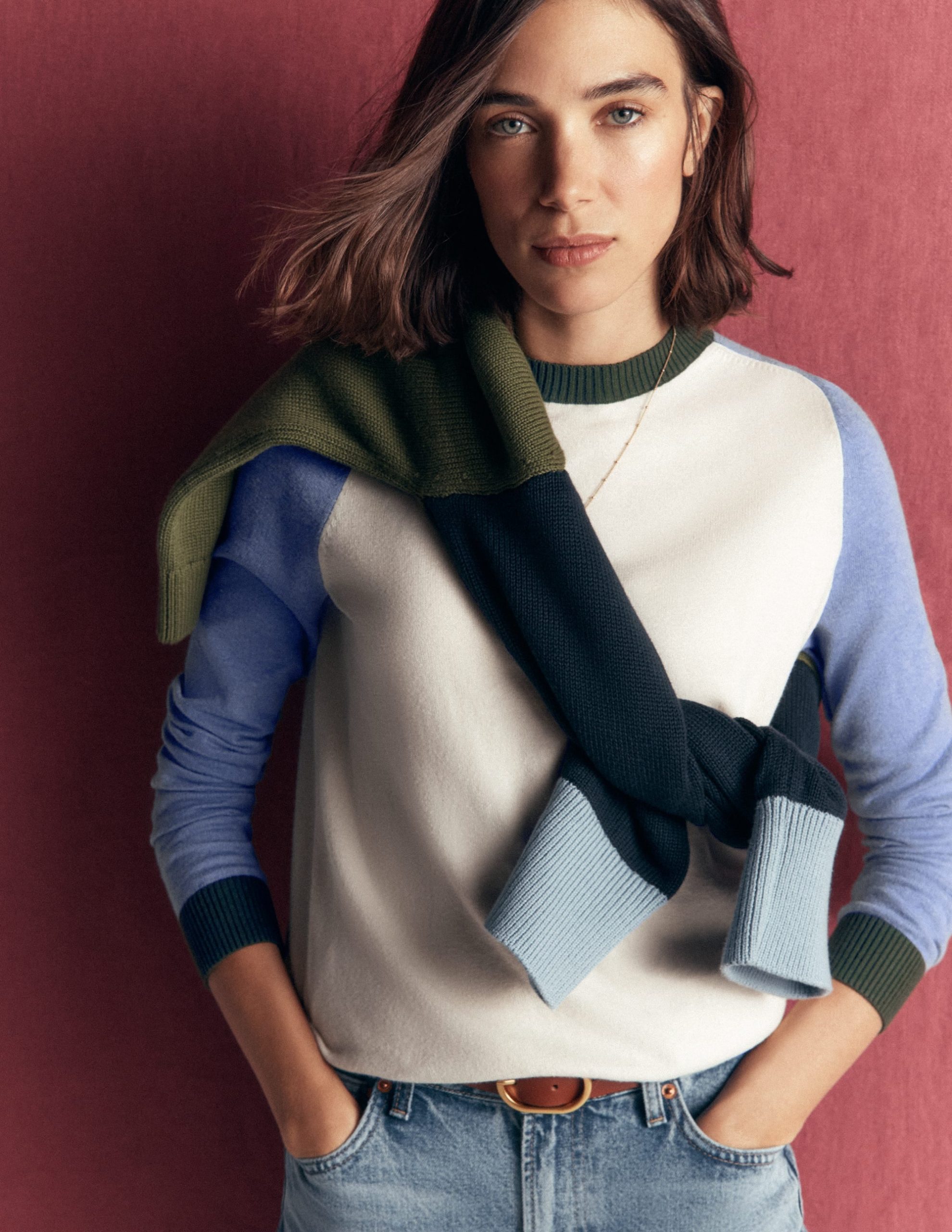 Meg Raglan Sleeve Sweater-Ivory. Blue and Green