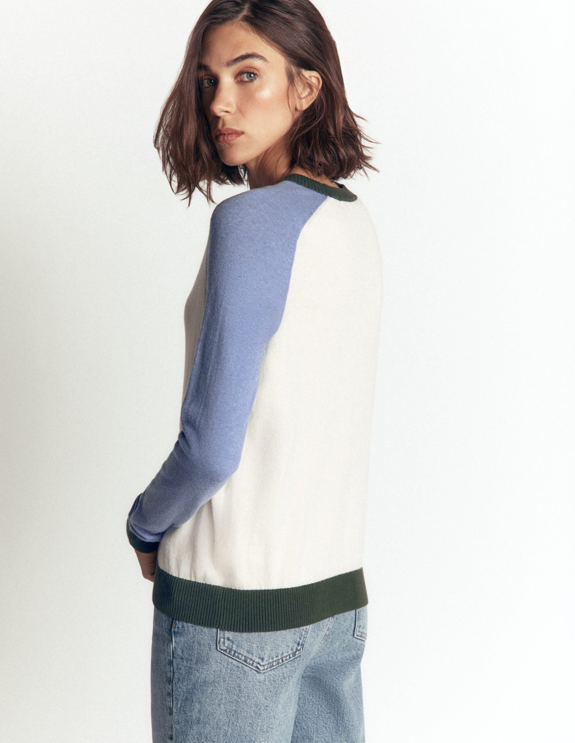Meg Raglan Sleeve Sweater-Ivory. Blue and Green - Image 3
