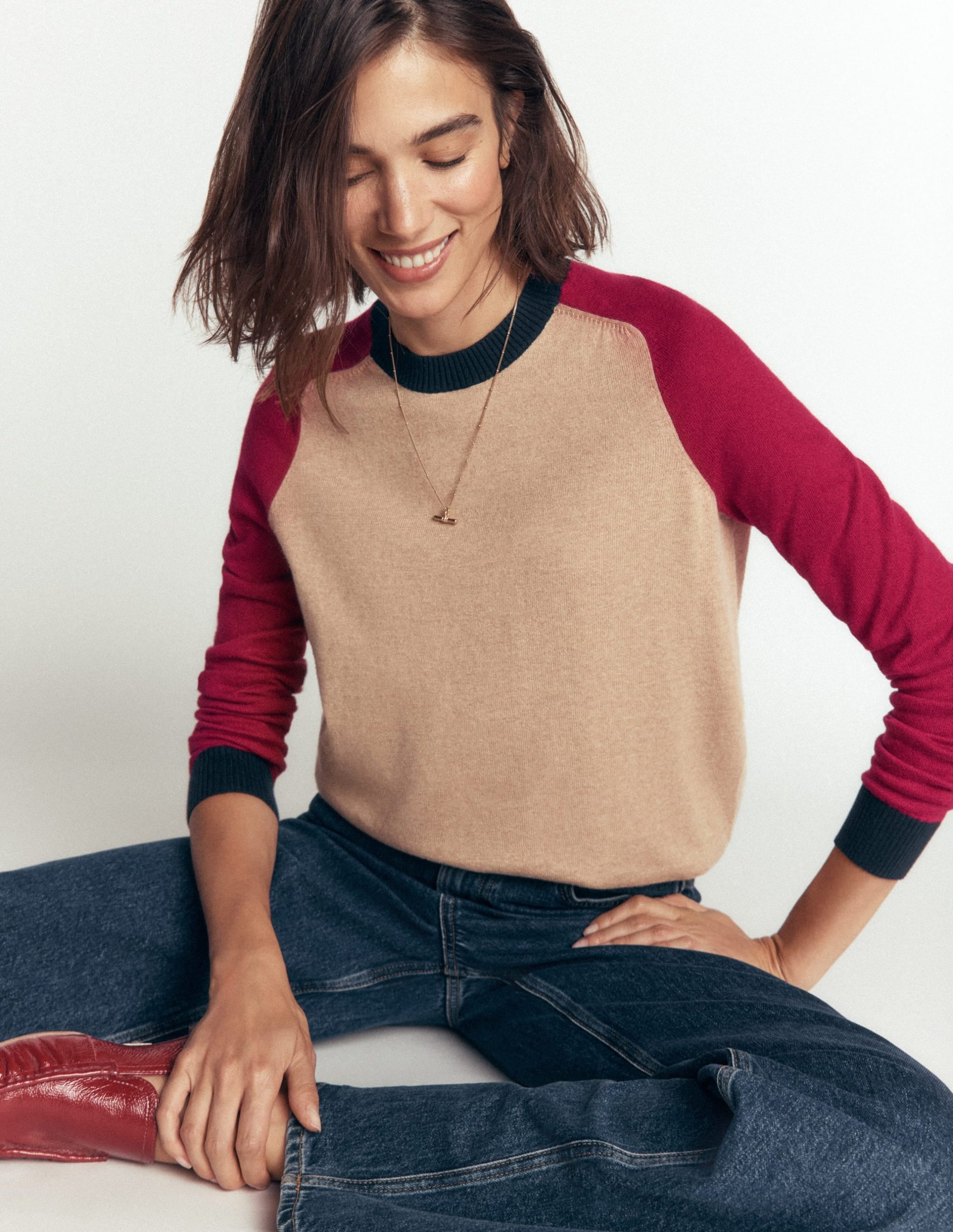 Meg Raglan Sleeve Sweater-Camel melange. red