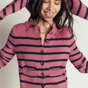 Lucy Chunky Cotton Cardigan-Pink Heather. Navy Stripe