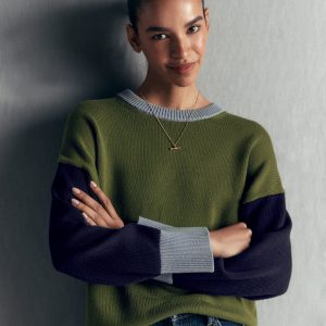 Lucy Relaxed Cotton Sweater-Green colour block
