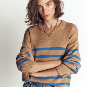 Lucy Relaxed Cotton Sweater-Camel. Blue Stripe