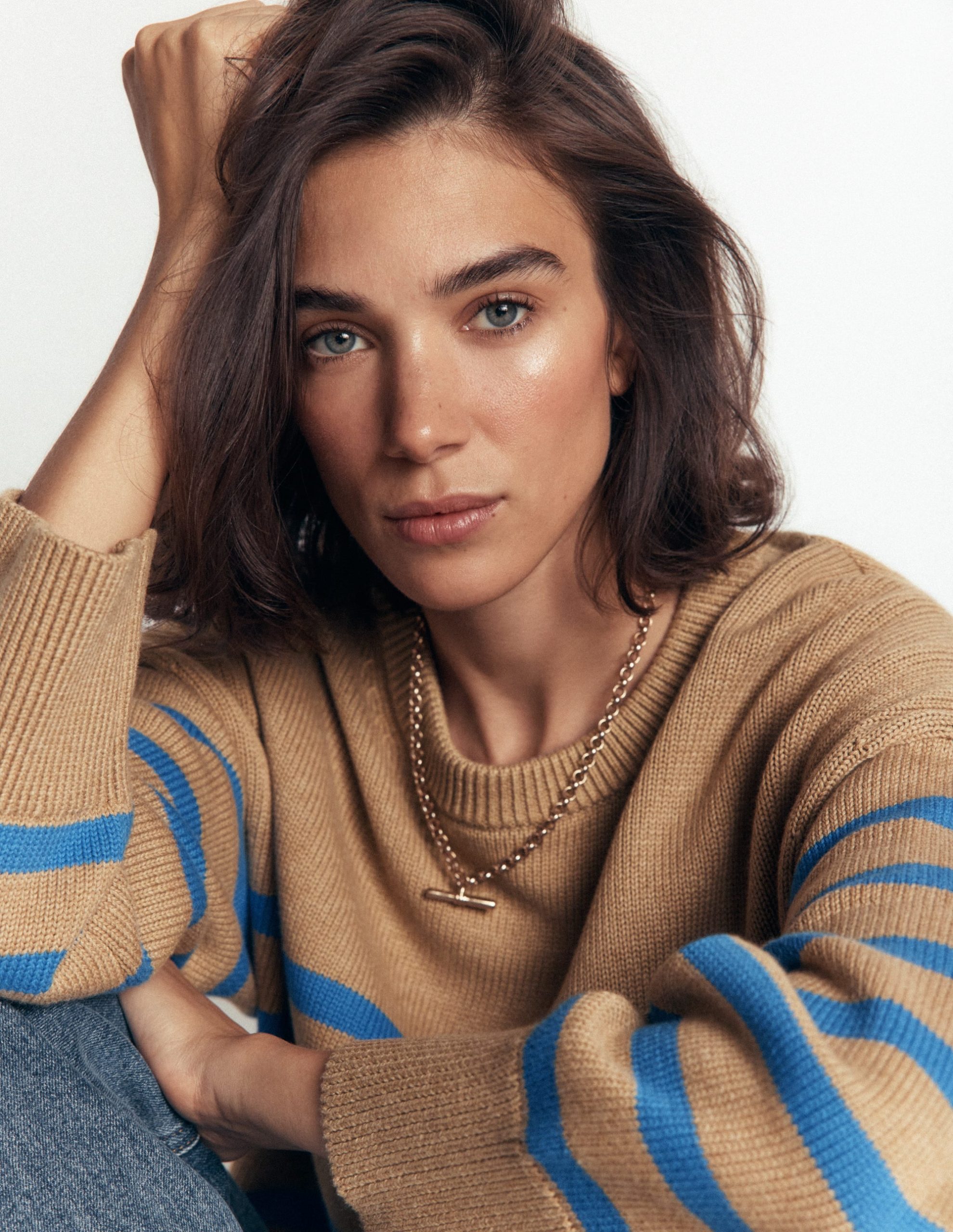 Lucy Relaxed Cotton Sweater-Camel. Blue Stripe - Image 2