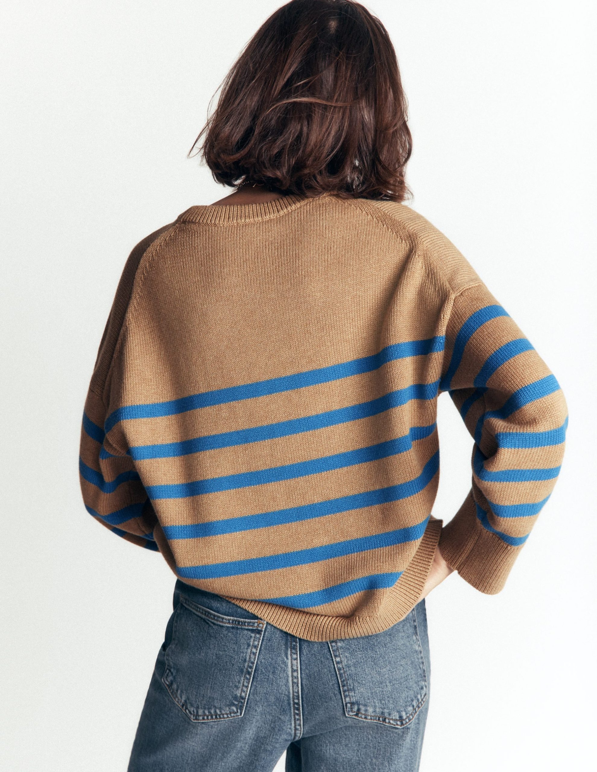 Lucy Relaxed Cotton Sweater-Camel. Blue Stripe - Image 3