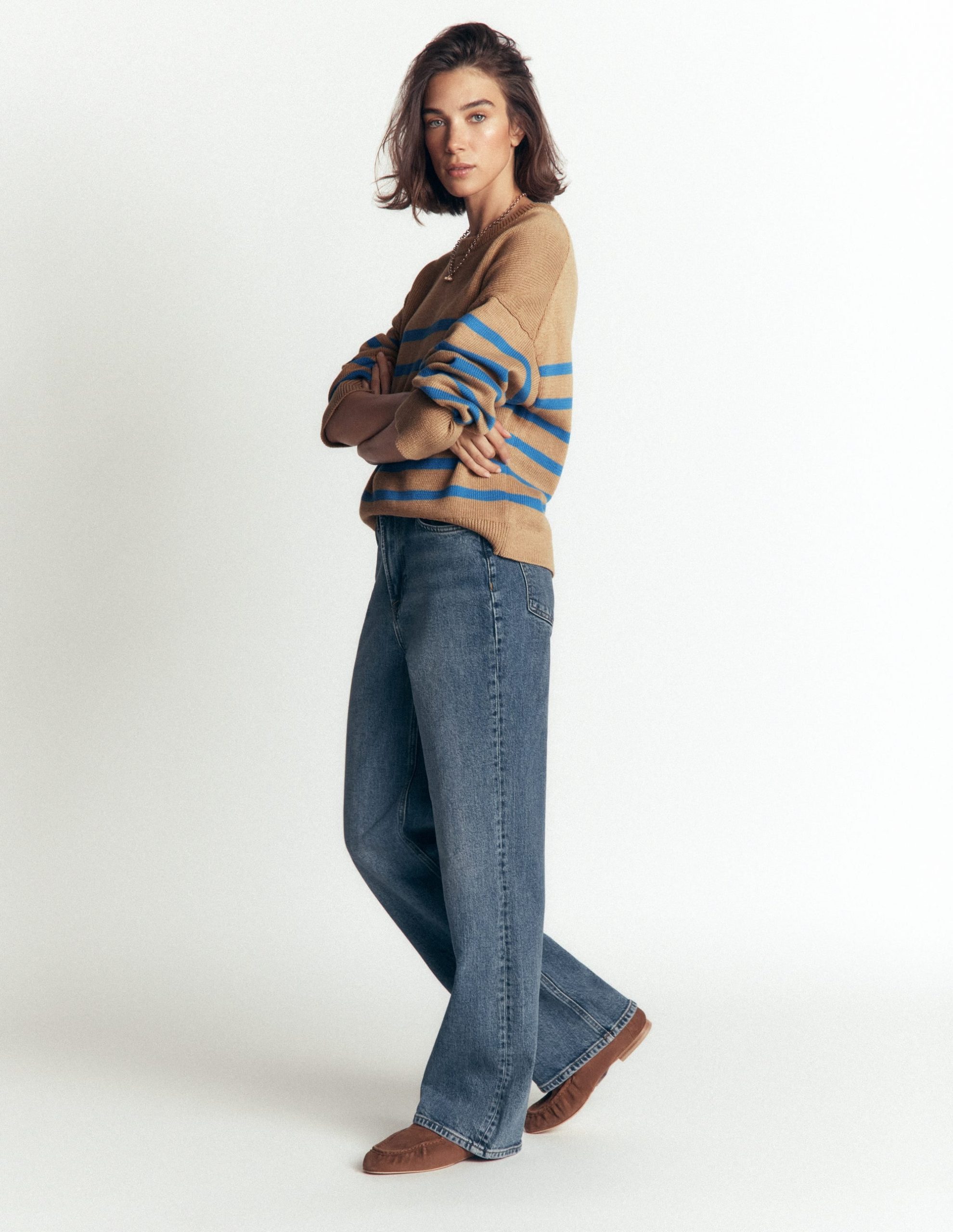 Lucy Relaxed Cotton Sweater-Camel. Blue Stripe - Image 4