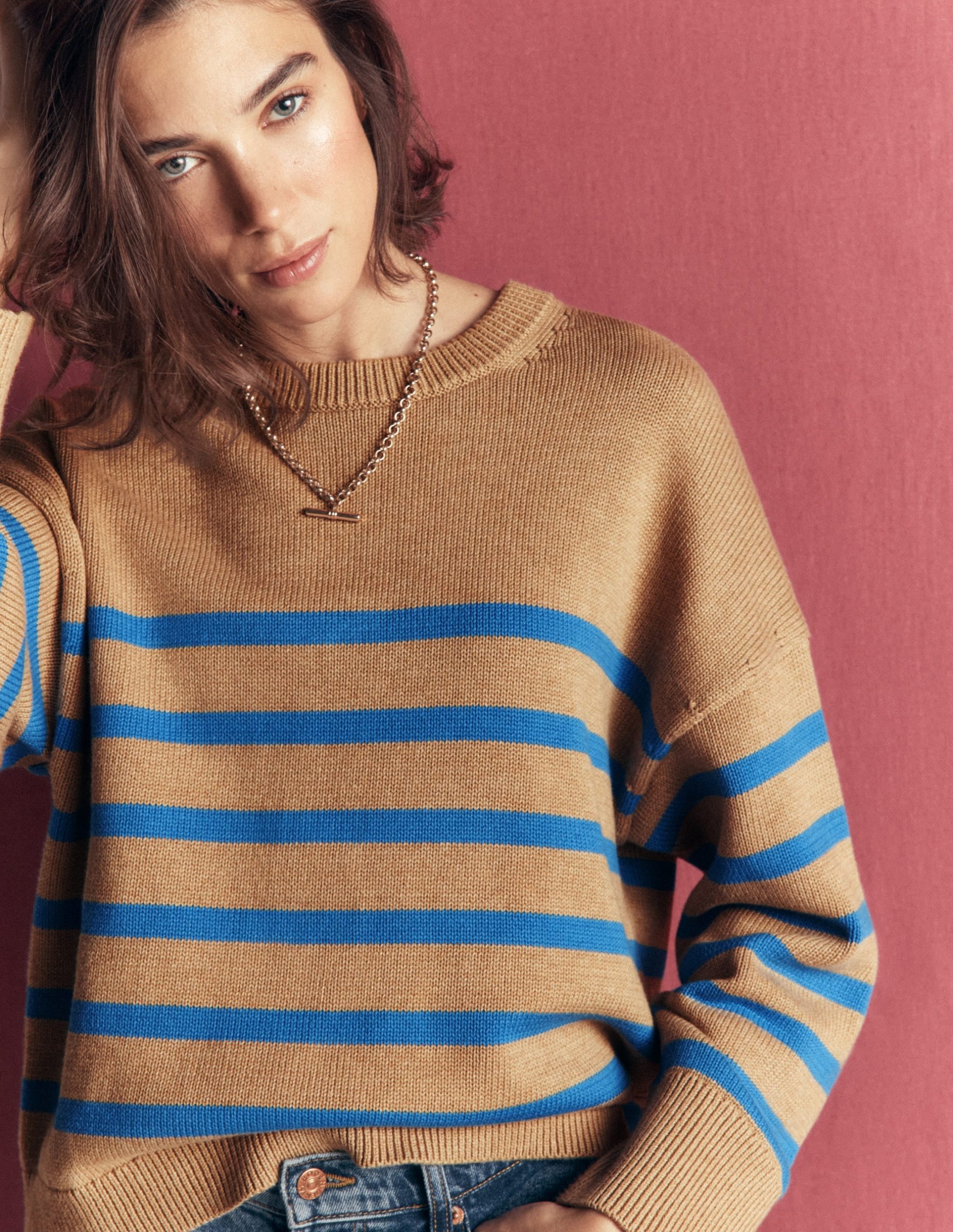 Lucy Relaxed Cotton Sweater-Camel. Blue Stripe - Image 5