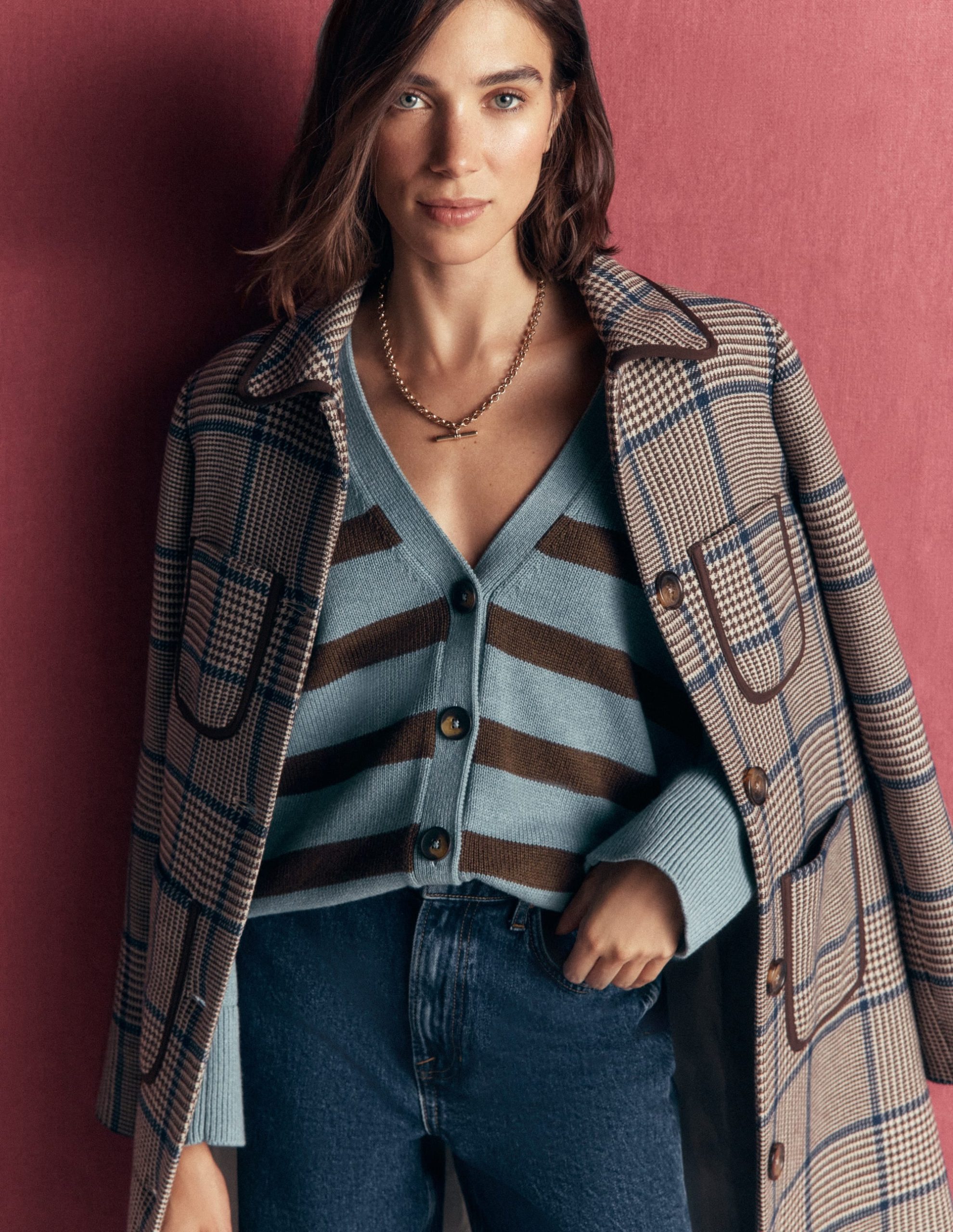 Lucy Relaxed Cotton Cardigan-Pavilion Blue. Brown Stripe - Image 3