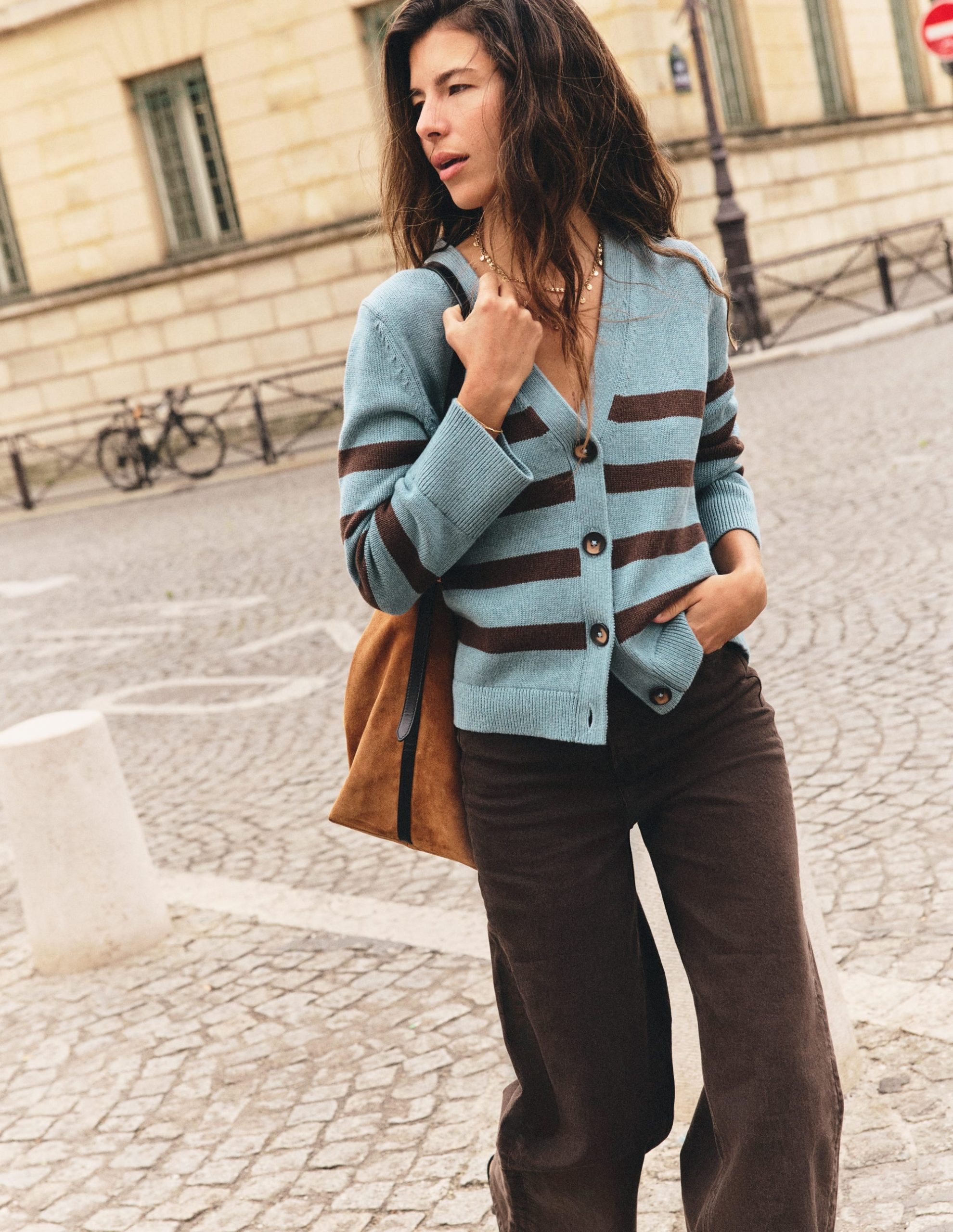 Lucy Relaxed Cotton Cardigan-Pavilion Blue. Brown Stripe - Image 4