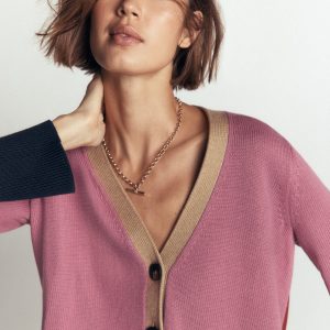 Lucy Relaxed Cotton Cardigan-Pink Heather Colour Block