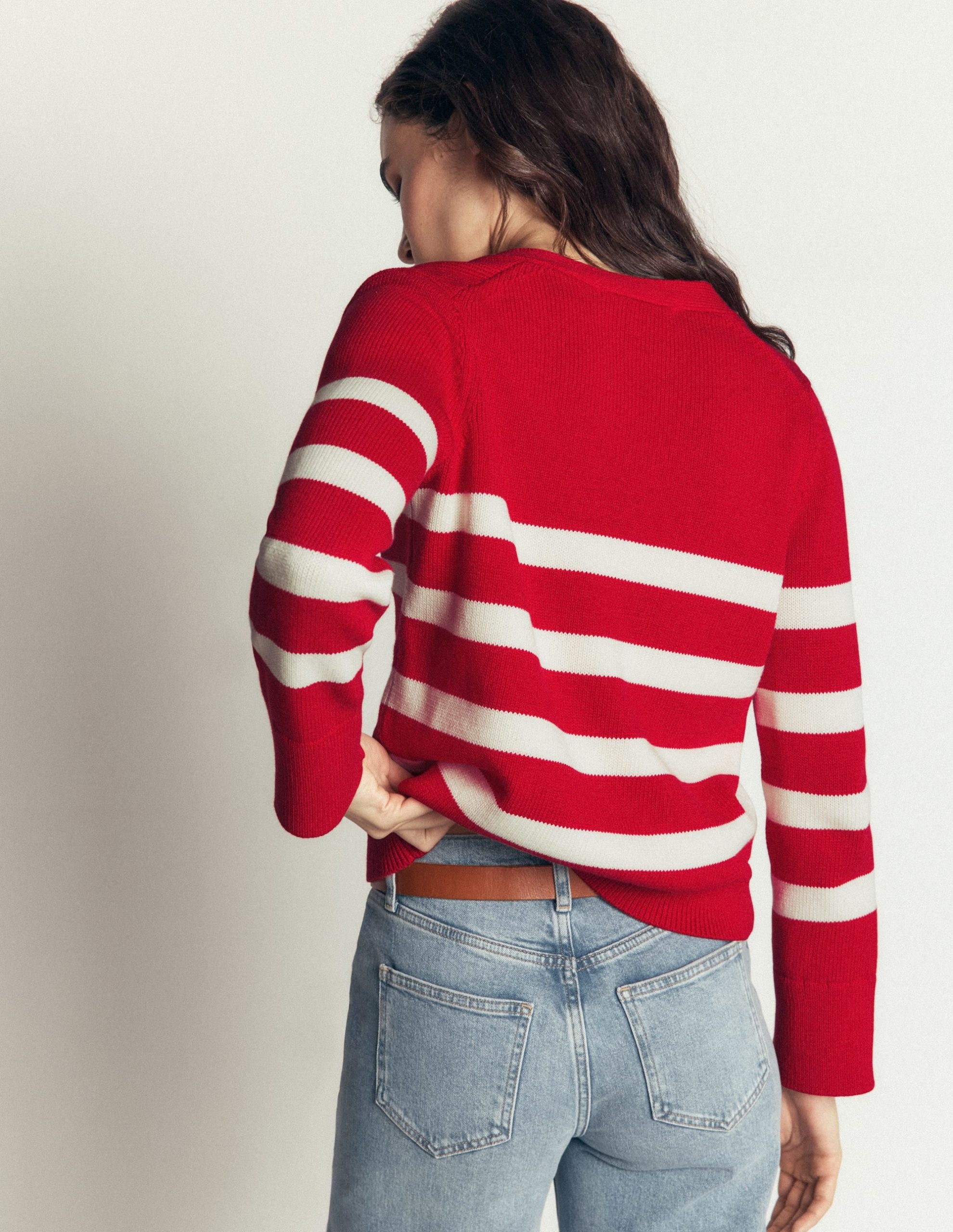 Lucy Relaxed Cotton Cardigan-Deep Red. Ivory Stripe - Image 3