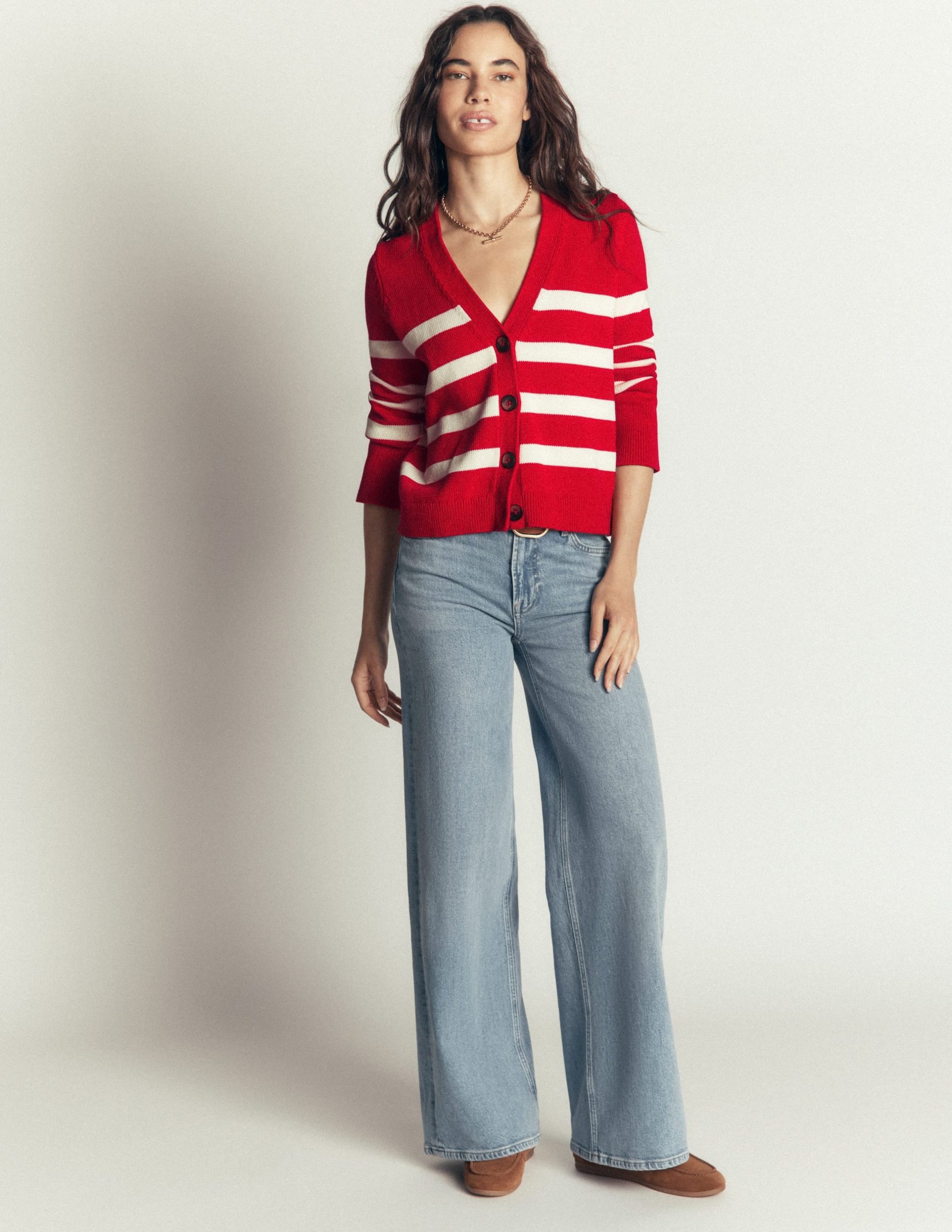 Lucy Relaxed Cotton Cardigan-Deep Red. Ivory Stripe - Image 2