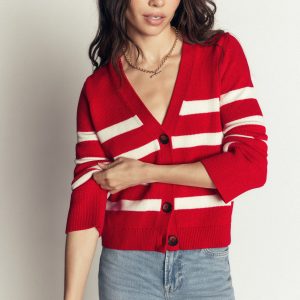 Lucy Relaxed Cotton Cardigan-Deep Red. Ivory Stripe
