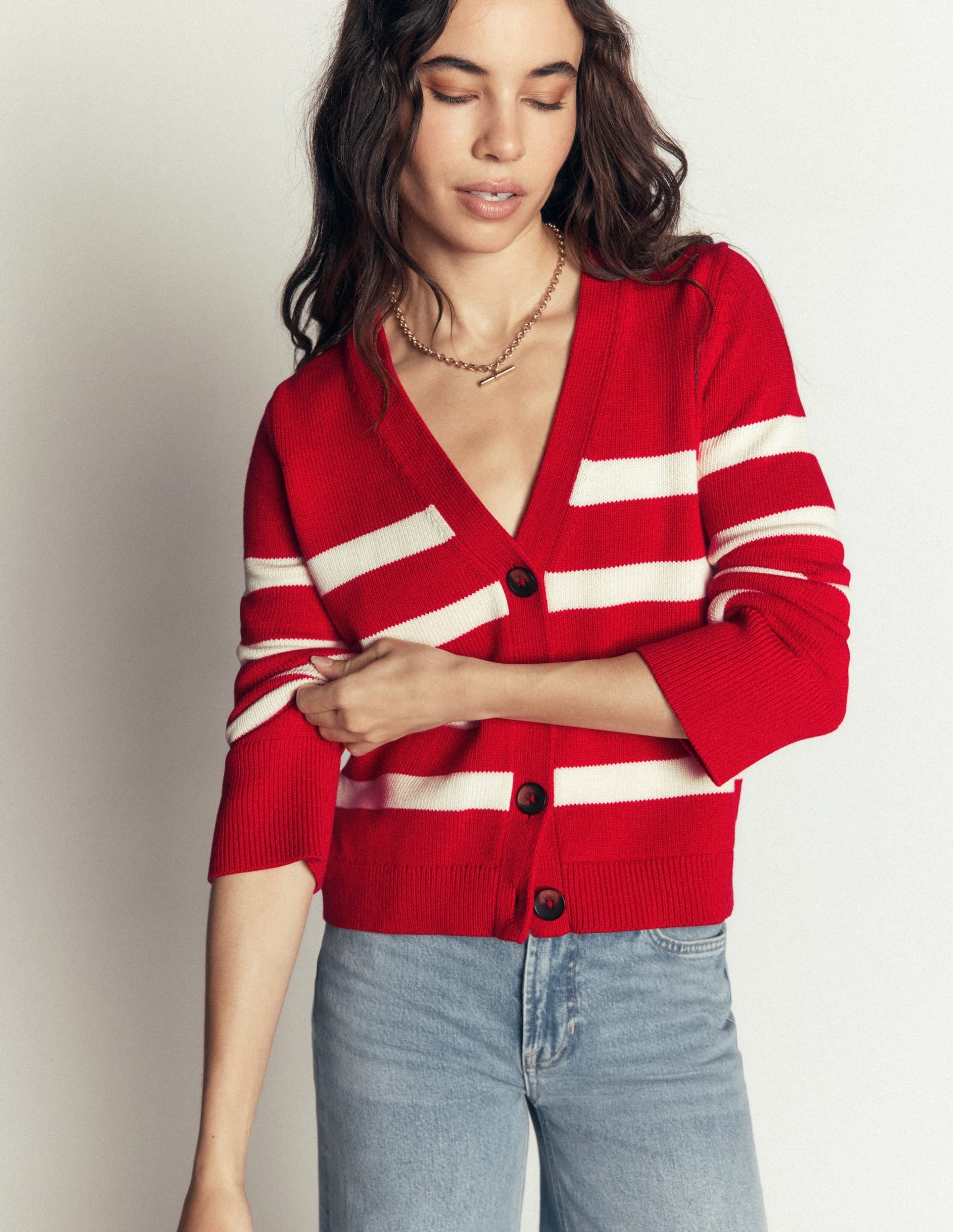 Lucy Relaxed Cotton Cardigan-Deep Red. Ivory Stripe