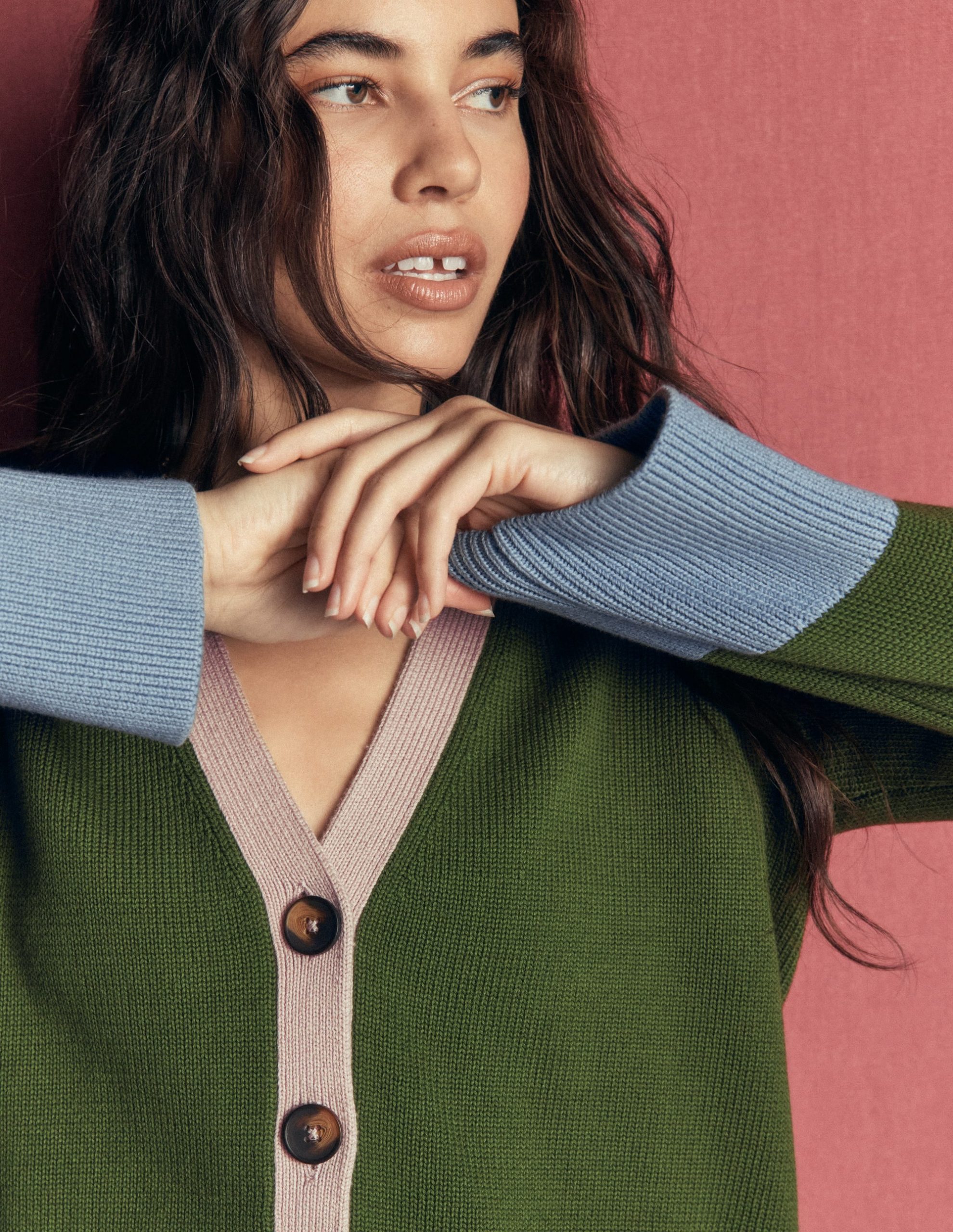 Lucy Relaxed Cotton Cardigan-Forest Green Colour Block - Image 2