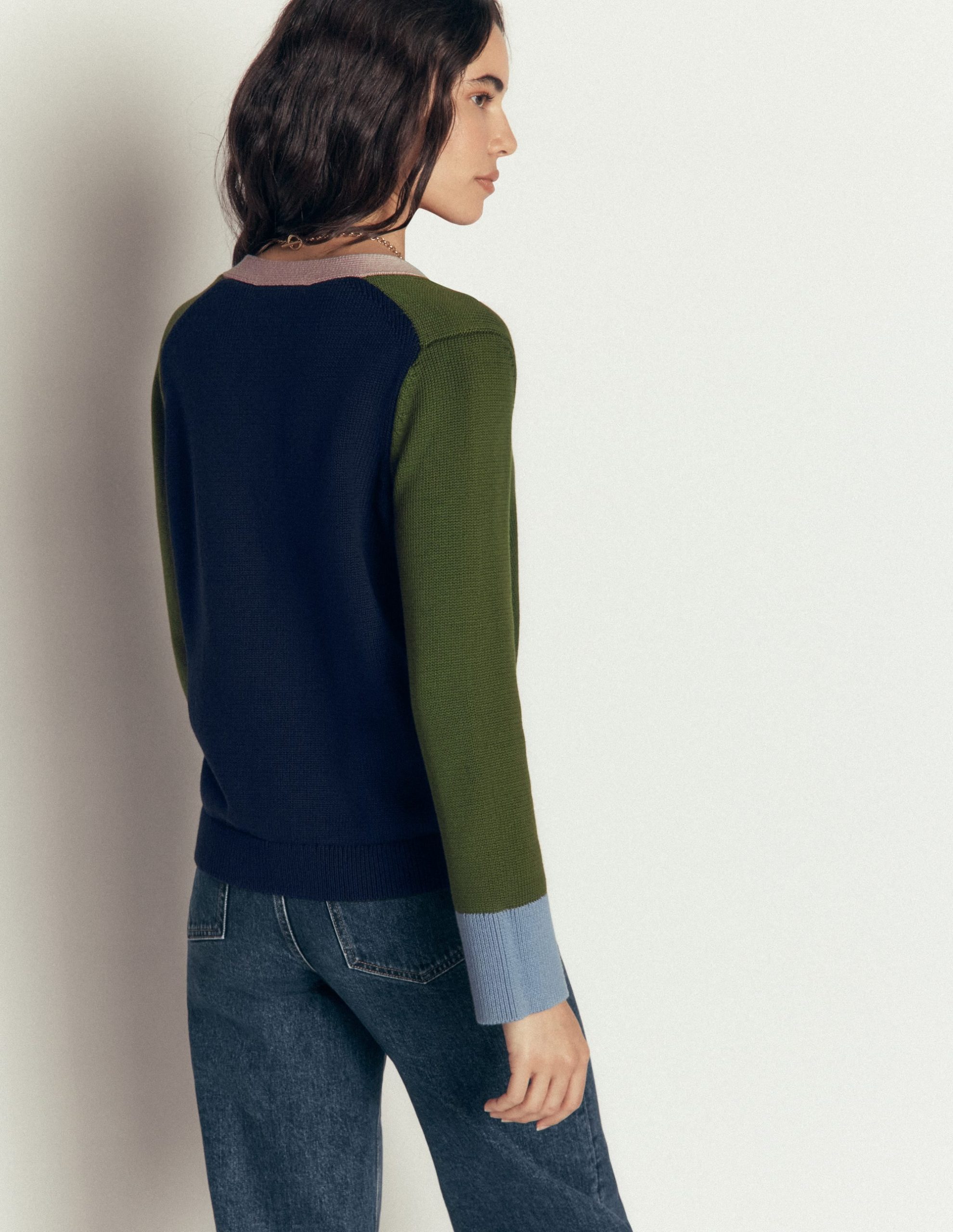 Lucy Relaxed Cotton Cardigan-Forest Green Colour Block - Image 3