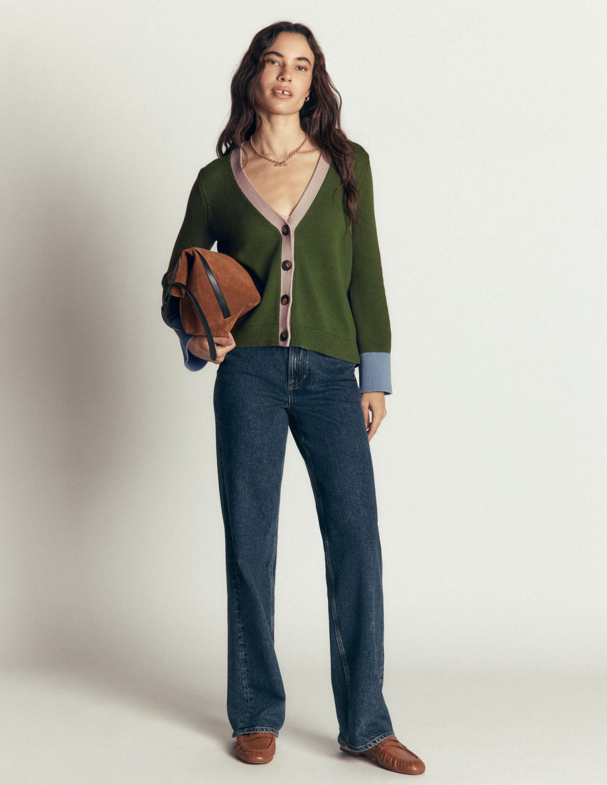 Lucy Relaxed Cotton Cardigan-Forest Green Colour Block - Image 4