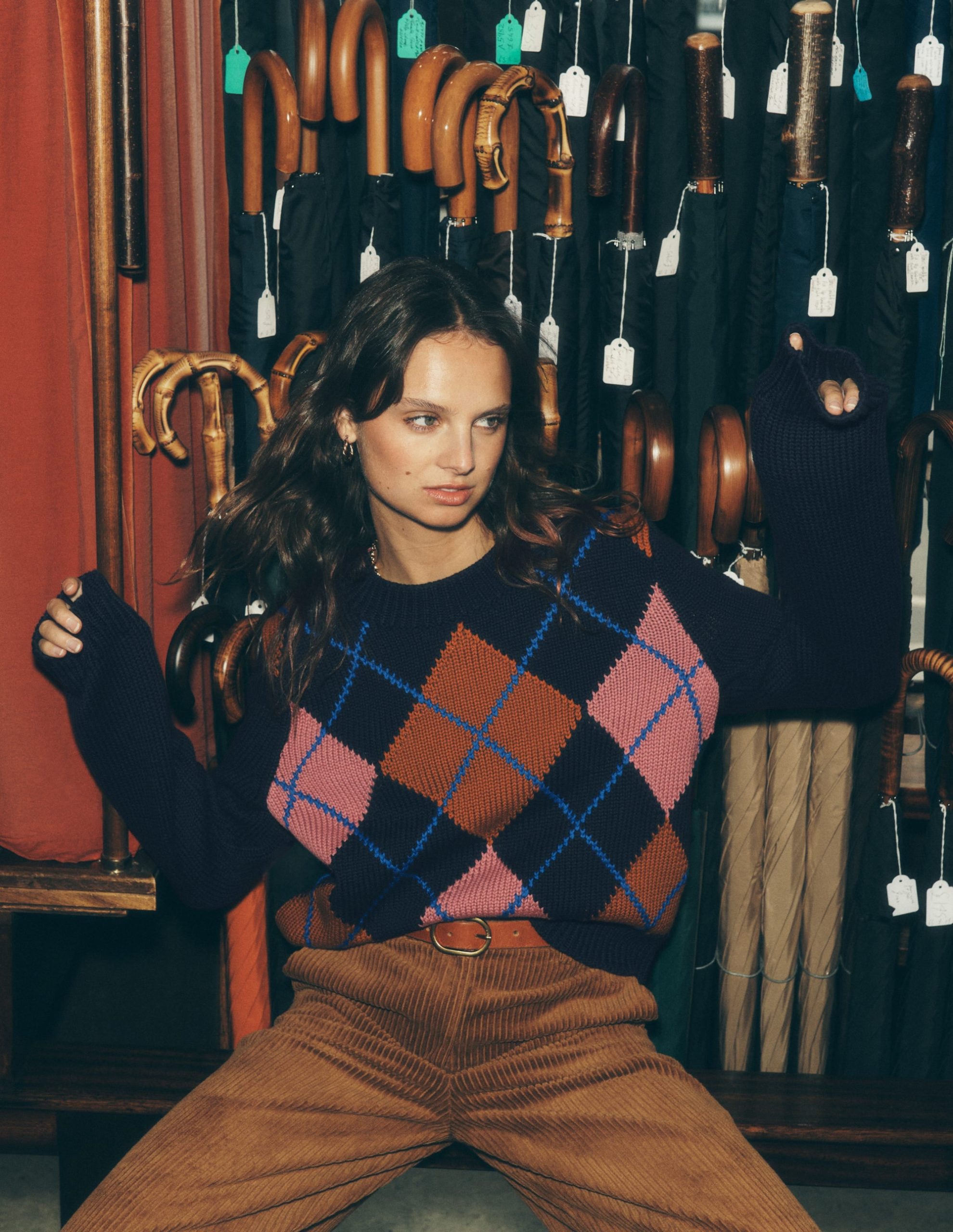 Lucy Chunky Cotton Sweater-navy. pink and brown argyle