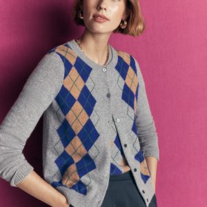 Elsie Cashmere Crew Cardigan-Grey Argyle