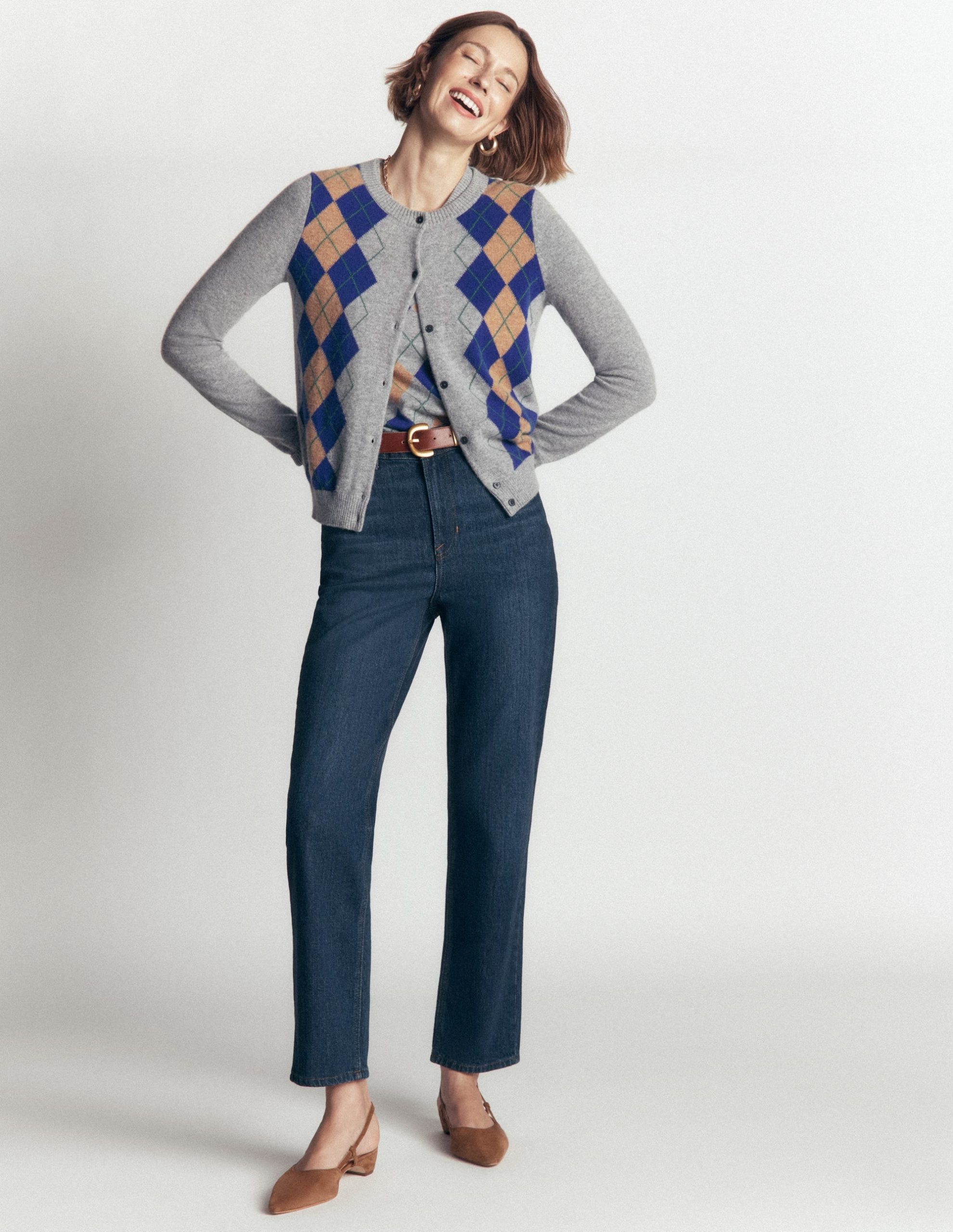 Elsie Cashmere Crew Cardigan-Grey Argyle - Image 5