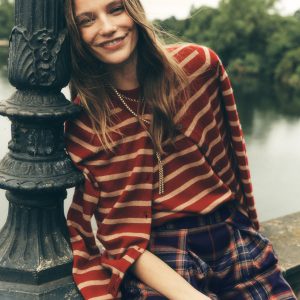 Elsie Cashmere Crew Cardigan-Poppy Red. Camel Stripe