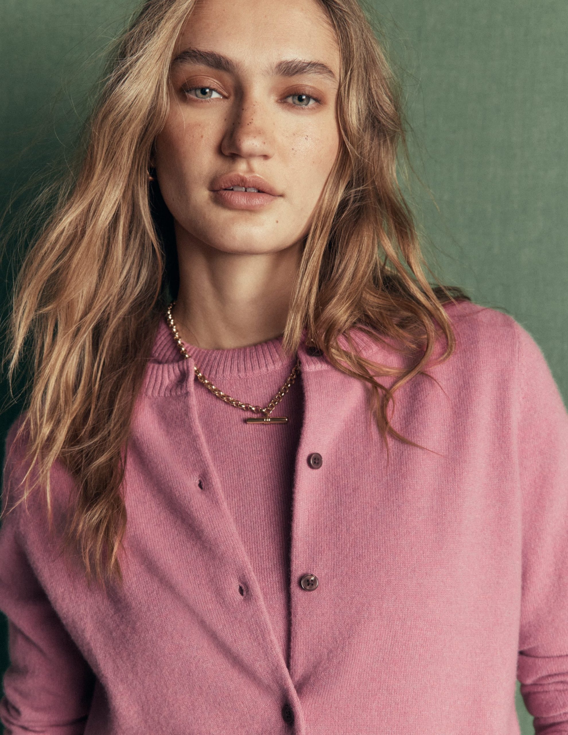 Elsie Cashmere Crew Cardigan-Pink Heather - Image 2