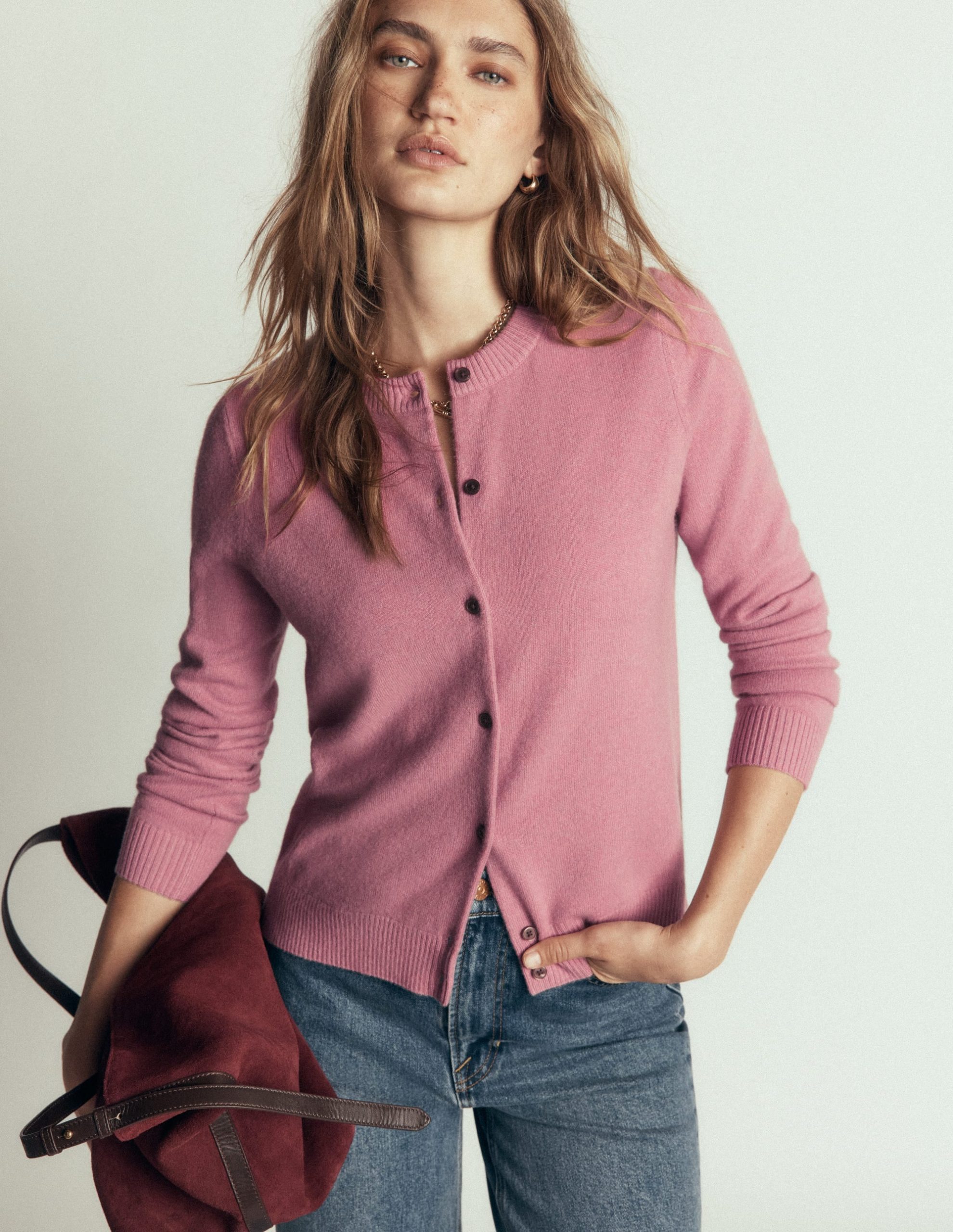 Elsie Cashmere Crew Cardigan-Pink Heather - Image 4