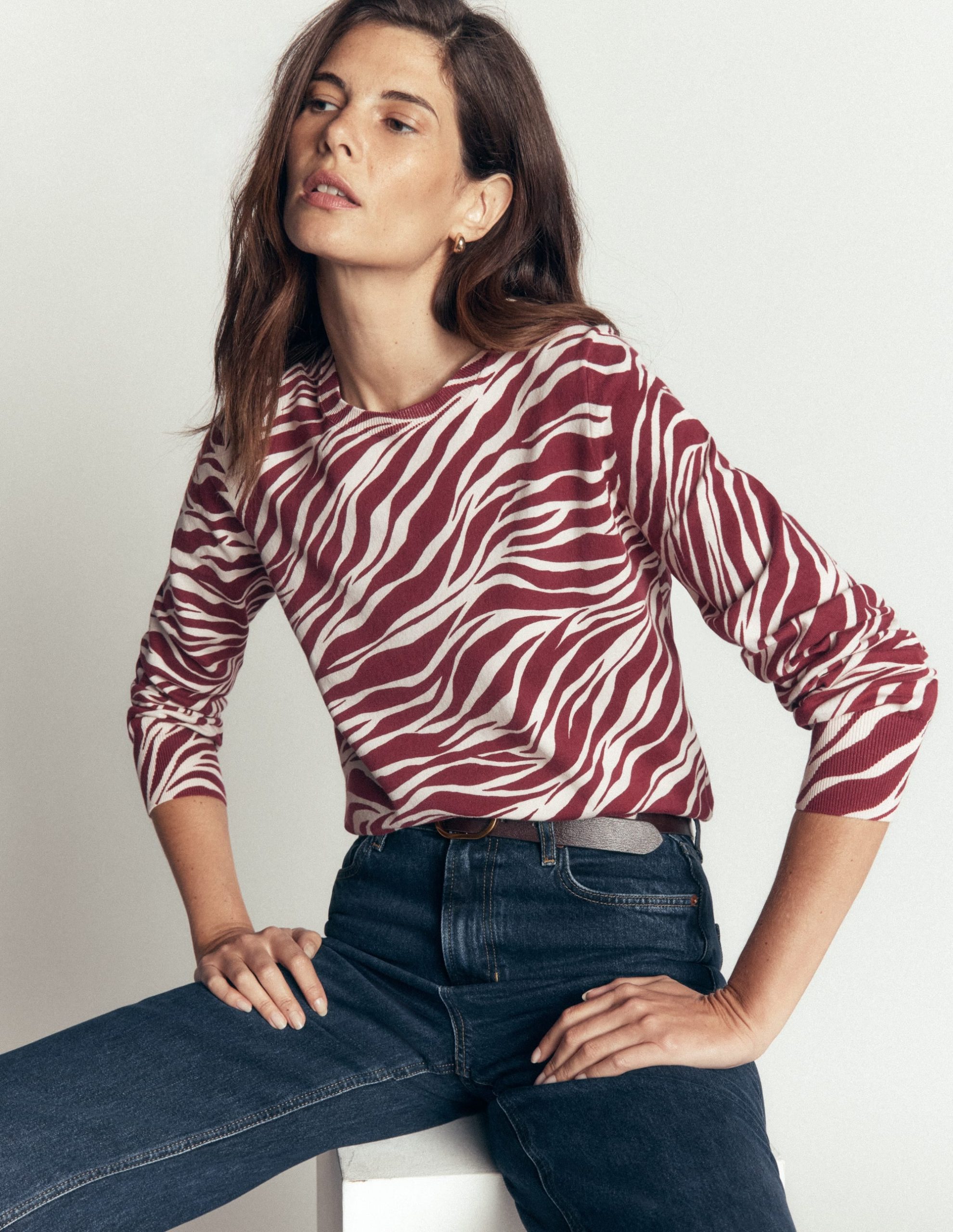 Camilla Cotton Crew Sweater-Chestnut. Zebra Swirl