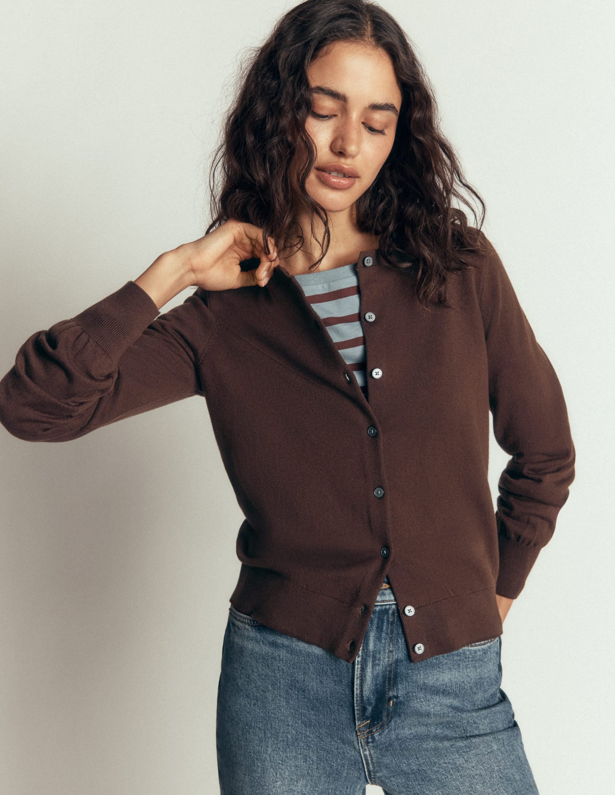 Camilla Cotton Crew Cardigan-Bitter Chocolate - Image 5