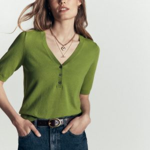 Camilla Cotton V-neck T-shirt-Laurel Green
