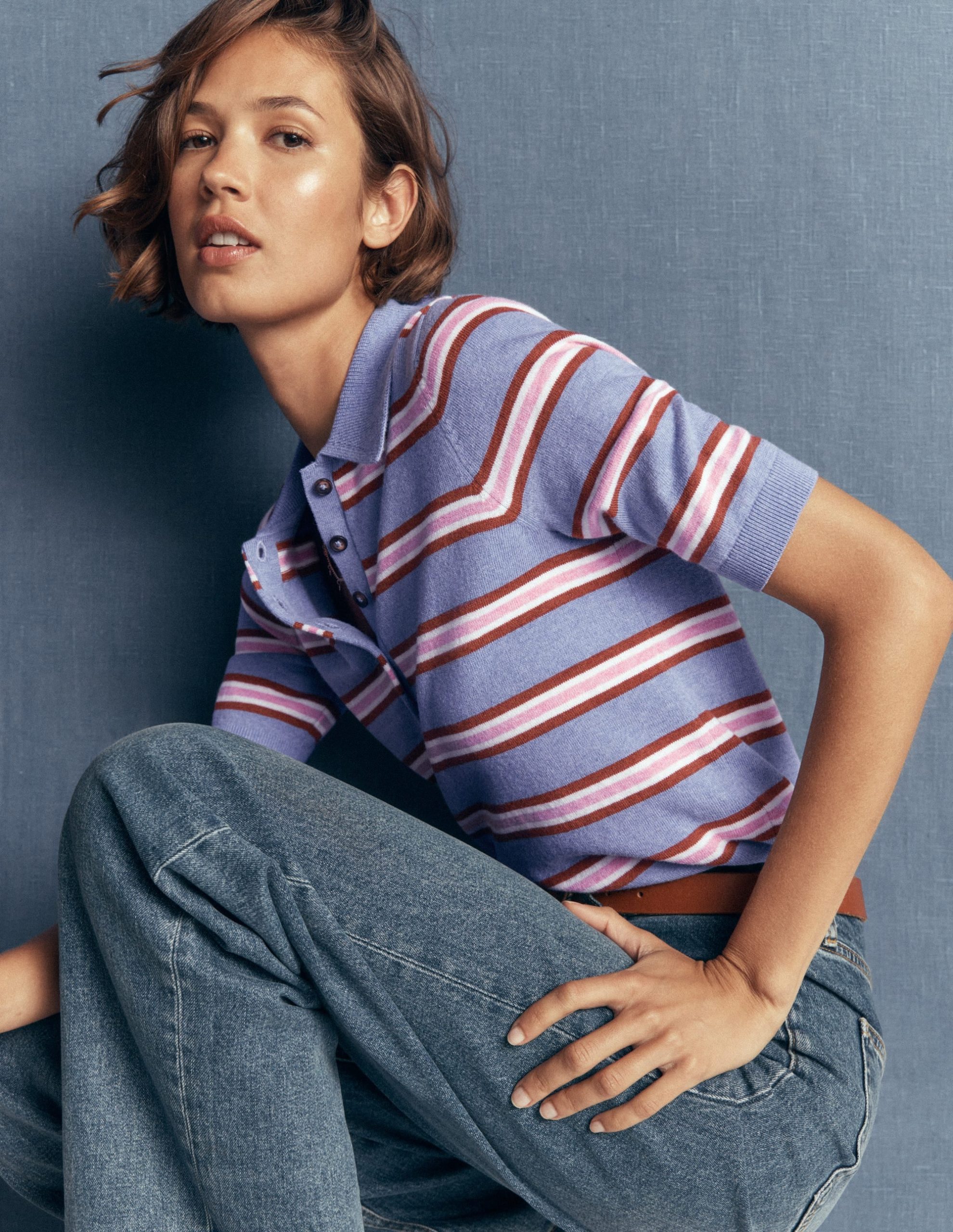 Collared Knitted T-shirt-Blue Aura. Stripe - Image 2