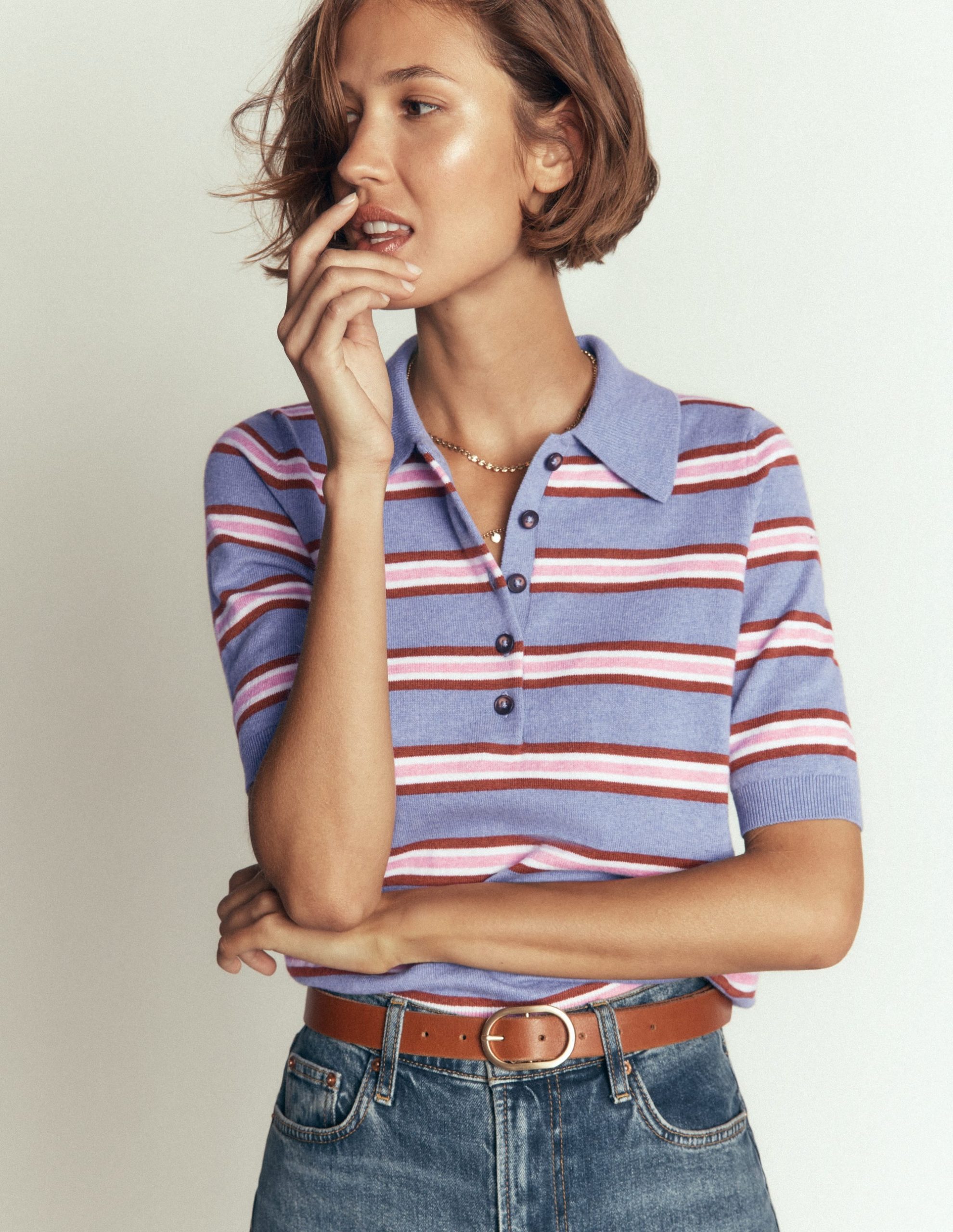 Collared Knitted T-shirt-Blue Aura. Stripe - Image 5