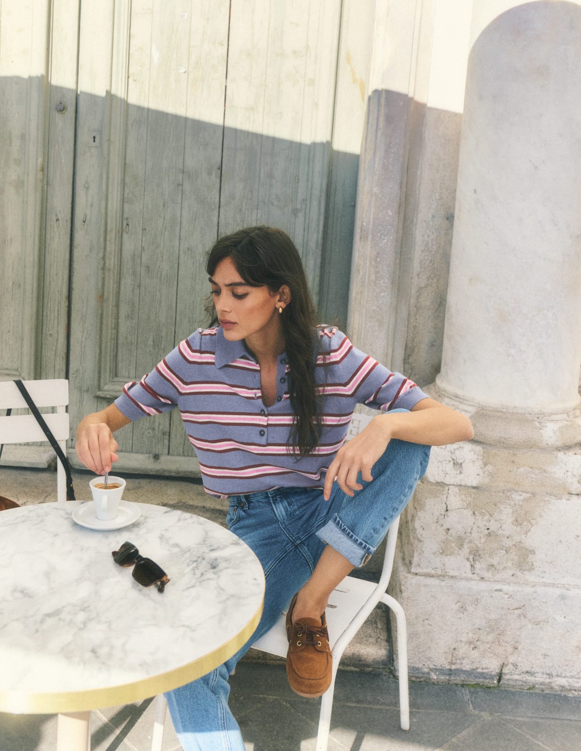 Collared Knitted T-shirt-Blue Aura. Stripe
