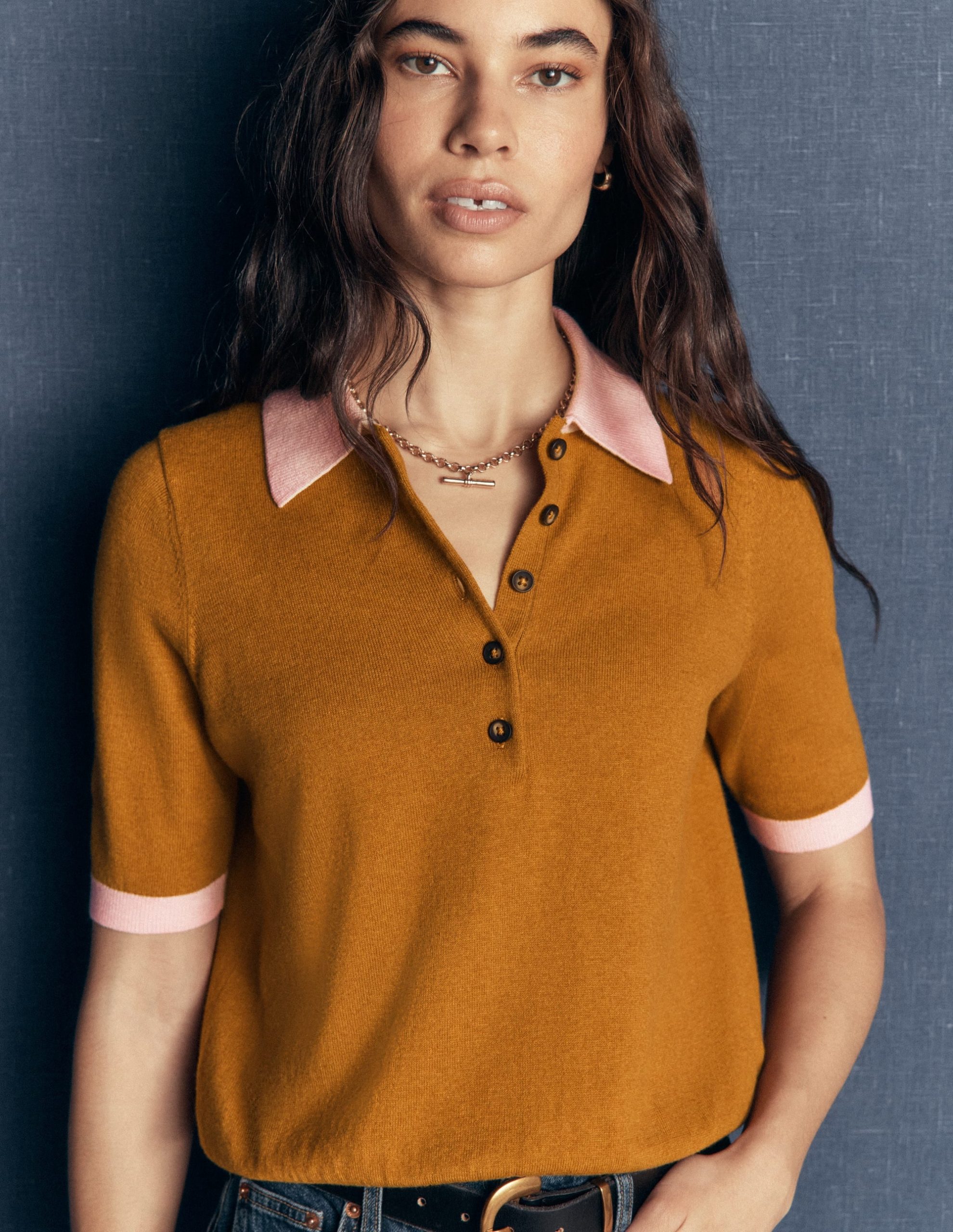 Collared Knitted T-shirt-Toffee Brown - Image 4