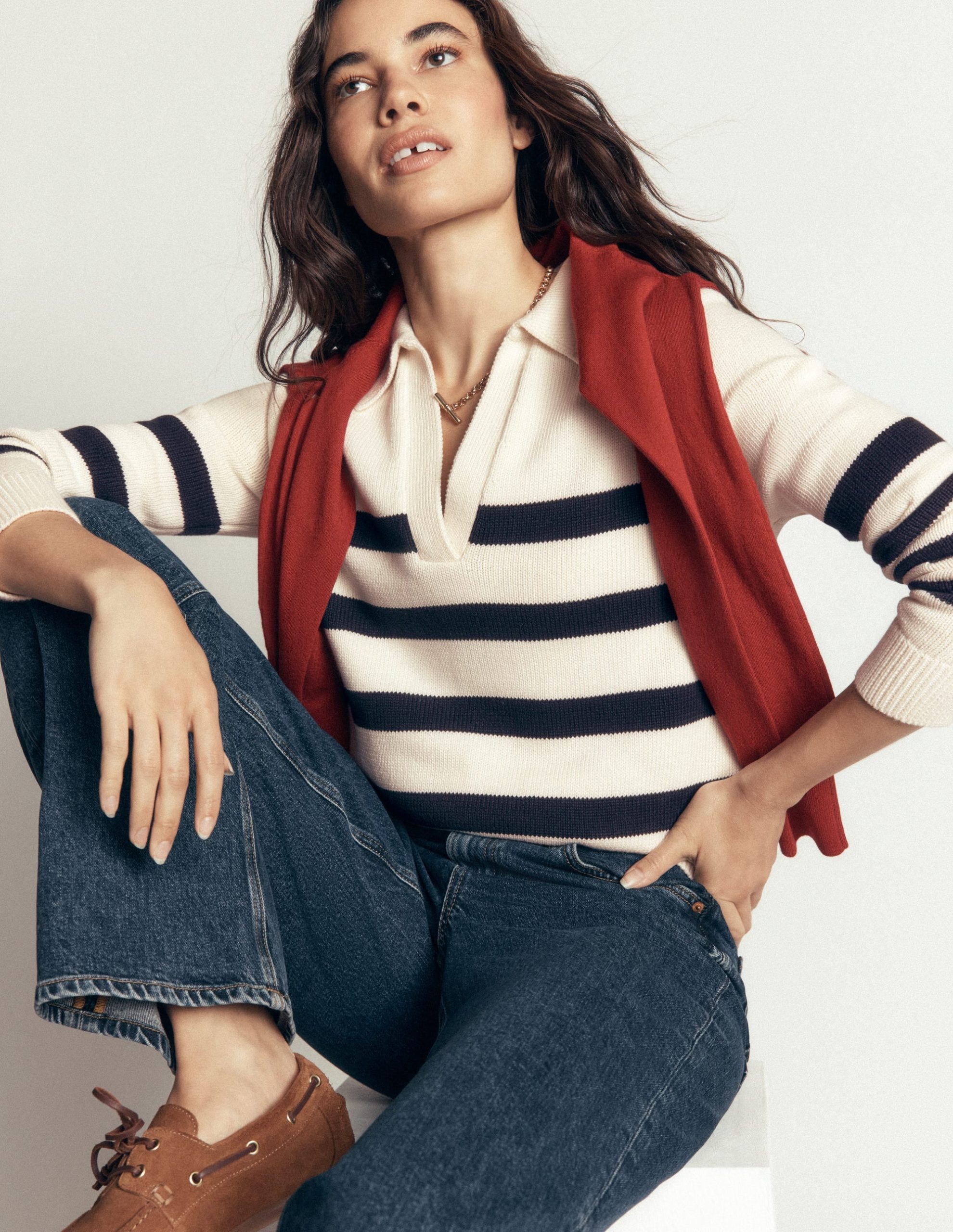 Lucy Cotton Henley Sweater-Ivory. Navy Stripe