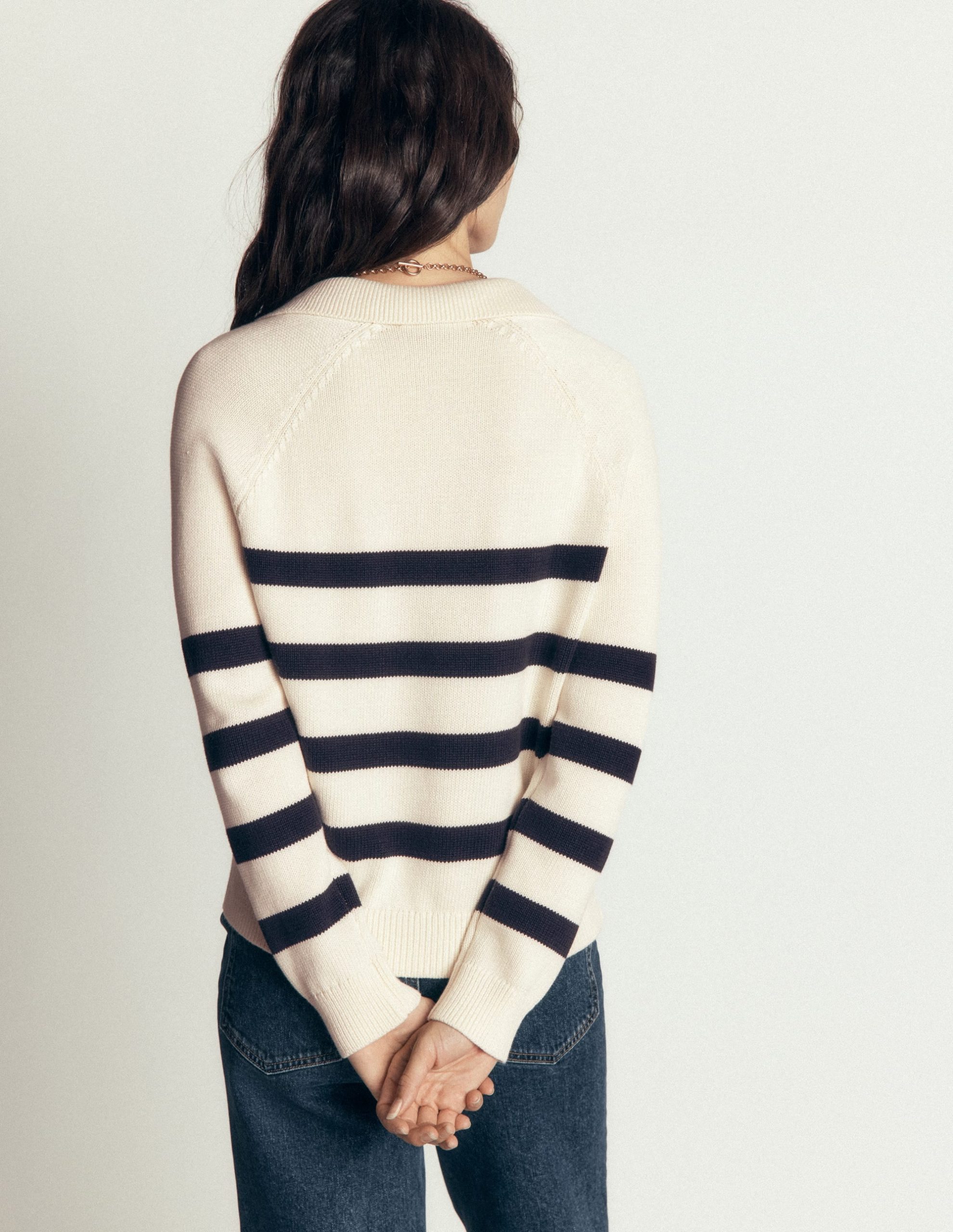 Lucy Cotton Henley Sweater-Ivory. Navy Stripe - Image 3