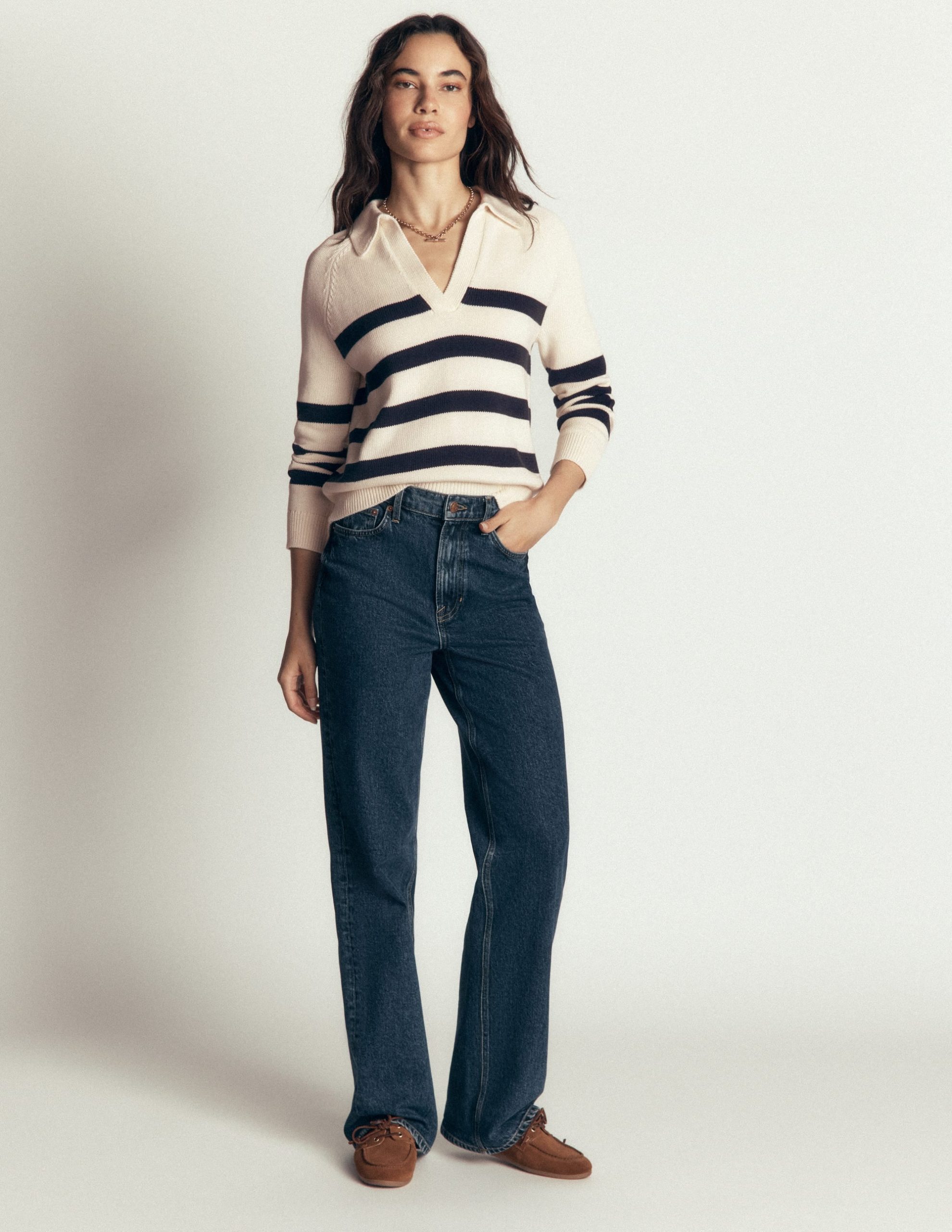 Lucy Cotton Henley Sweater-Ivory. Navy Stripe - Image 4