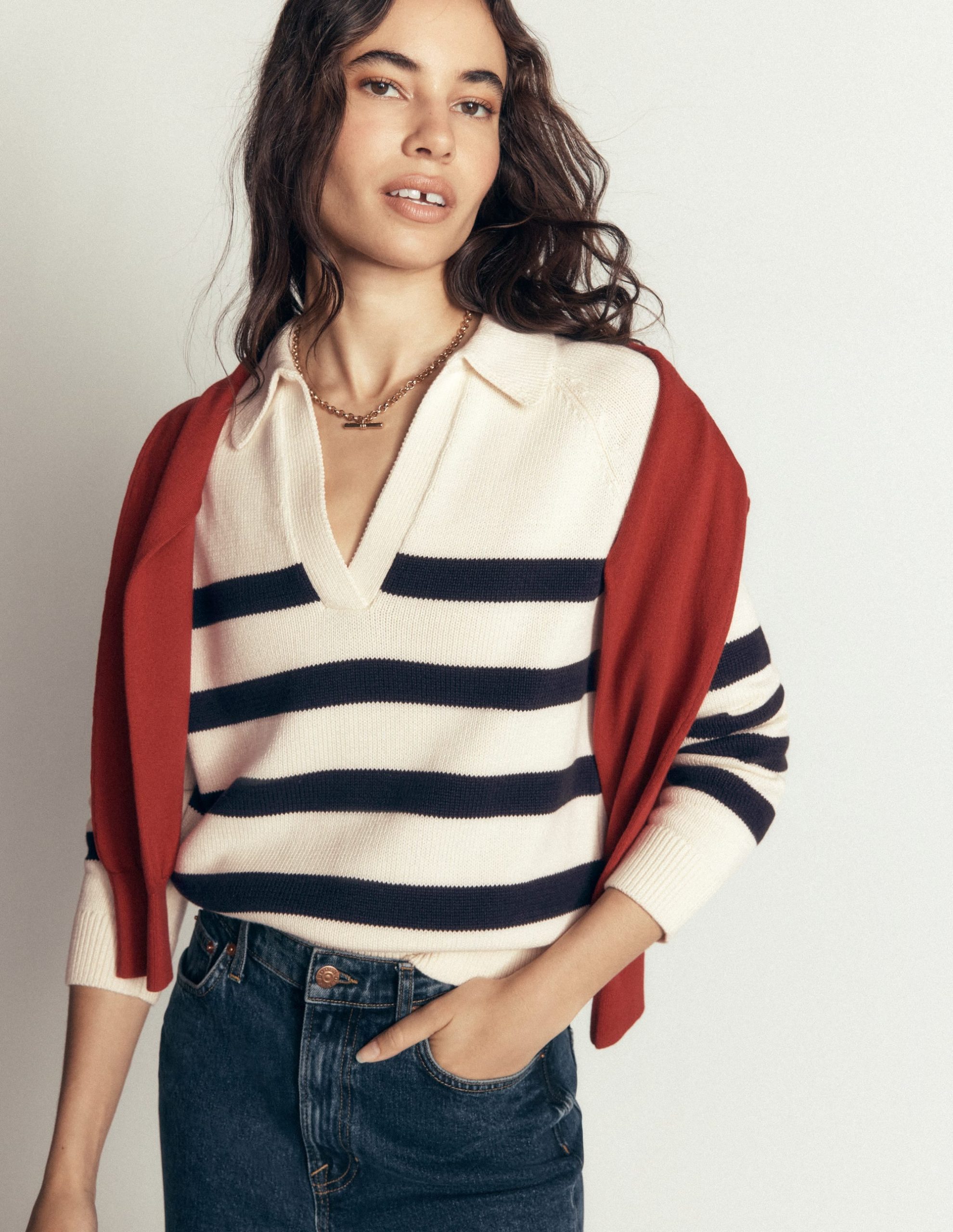 Lucy Cotton Henley Sweater-Ivory. Navy Stripe - Image 5