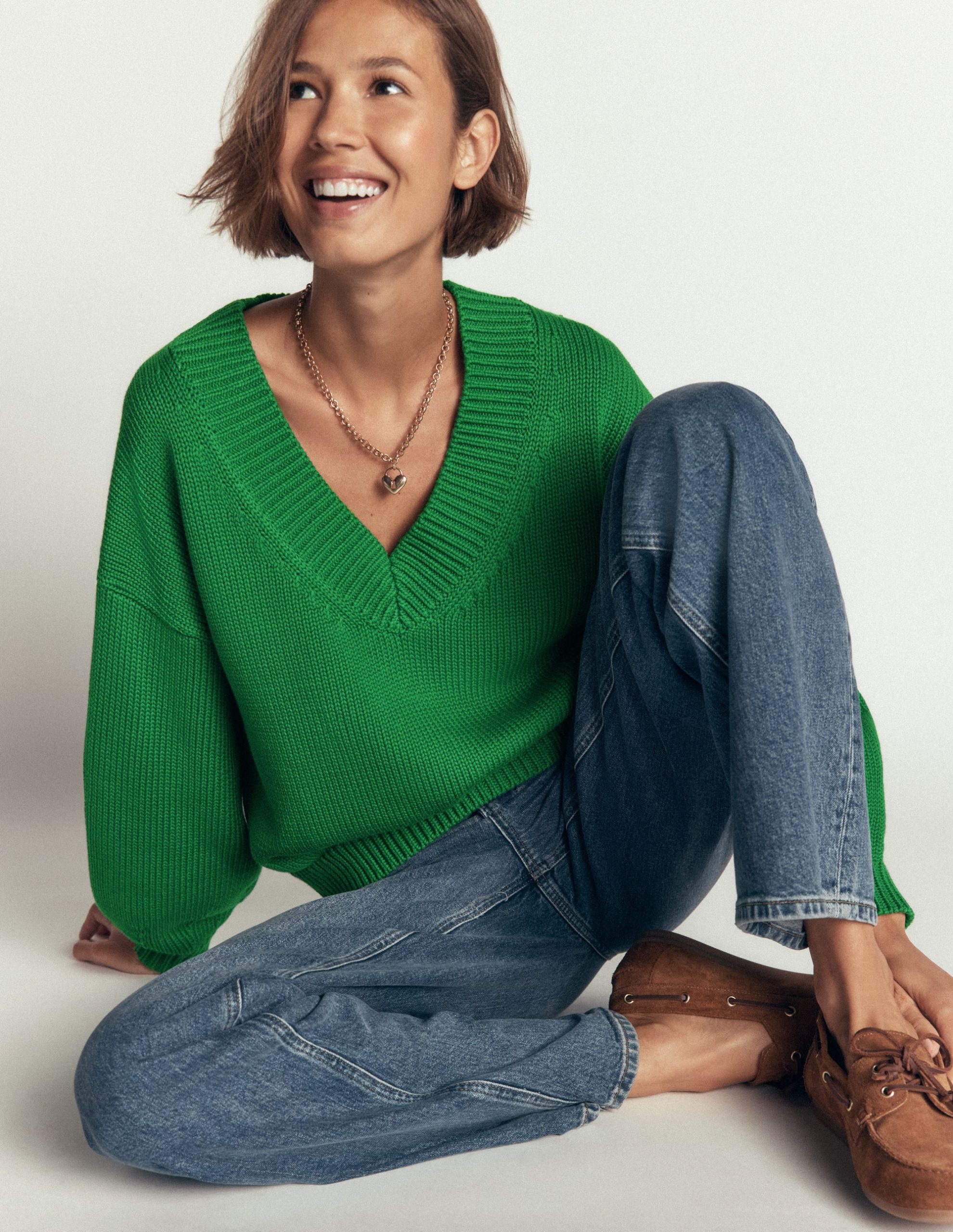 Lucy Cotton V-neck Sweater-Highland Green