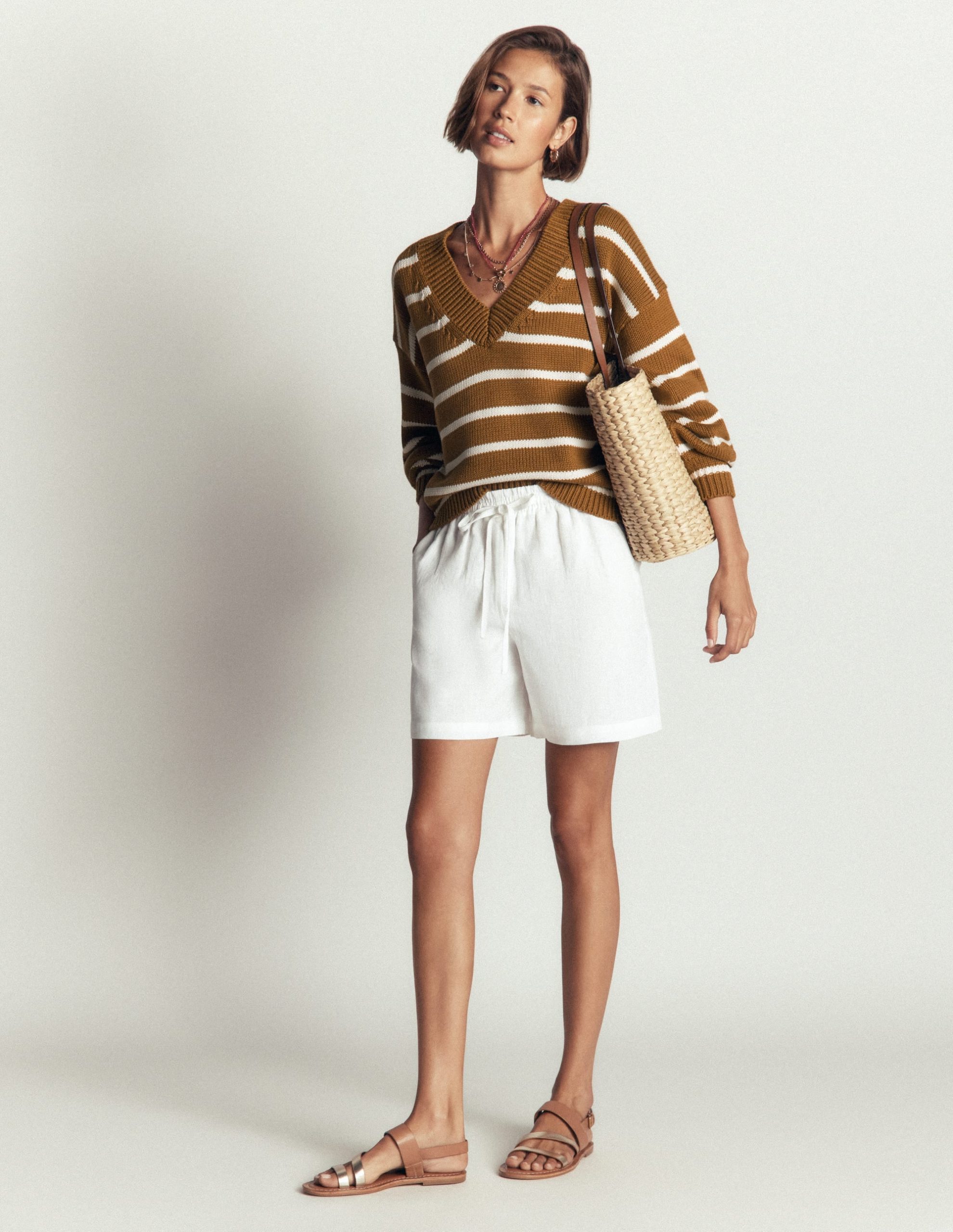 Lucy Cotton V-neck Sweater-Gingerbread. Ivory - Image 7
