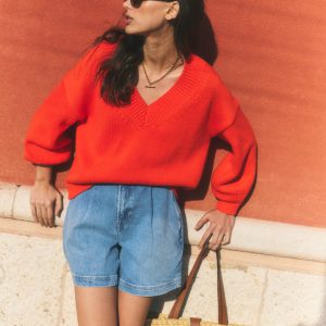 Lucy Cotton V-neck Sweater-Sunset Orange