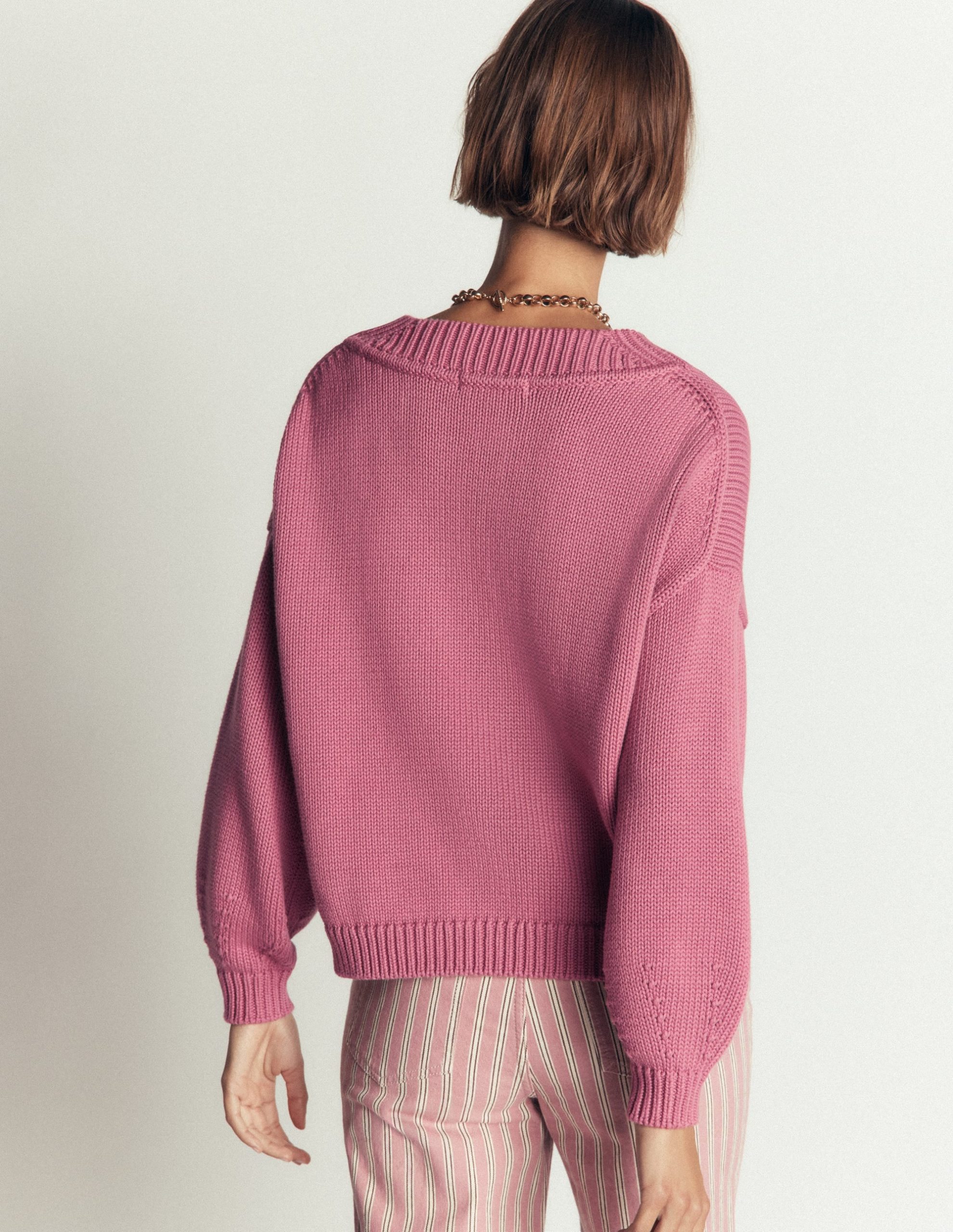 Lucy Cotton V-neck Sweater-Pink Heather - Image 4