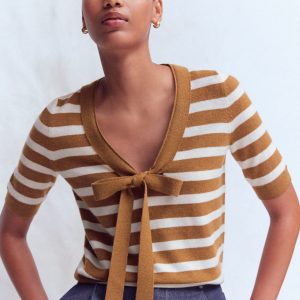 Bow Neck Knitted T-shirt-Gingerbread. Ivory Stripe