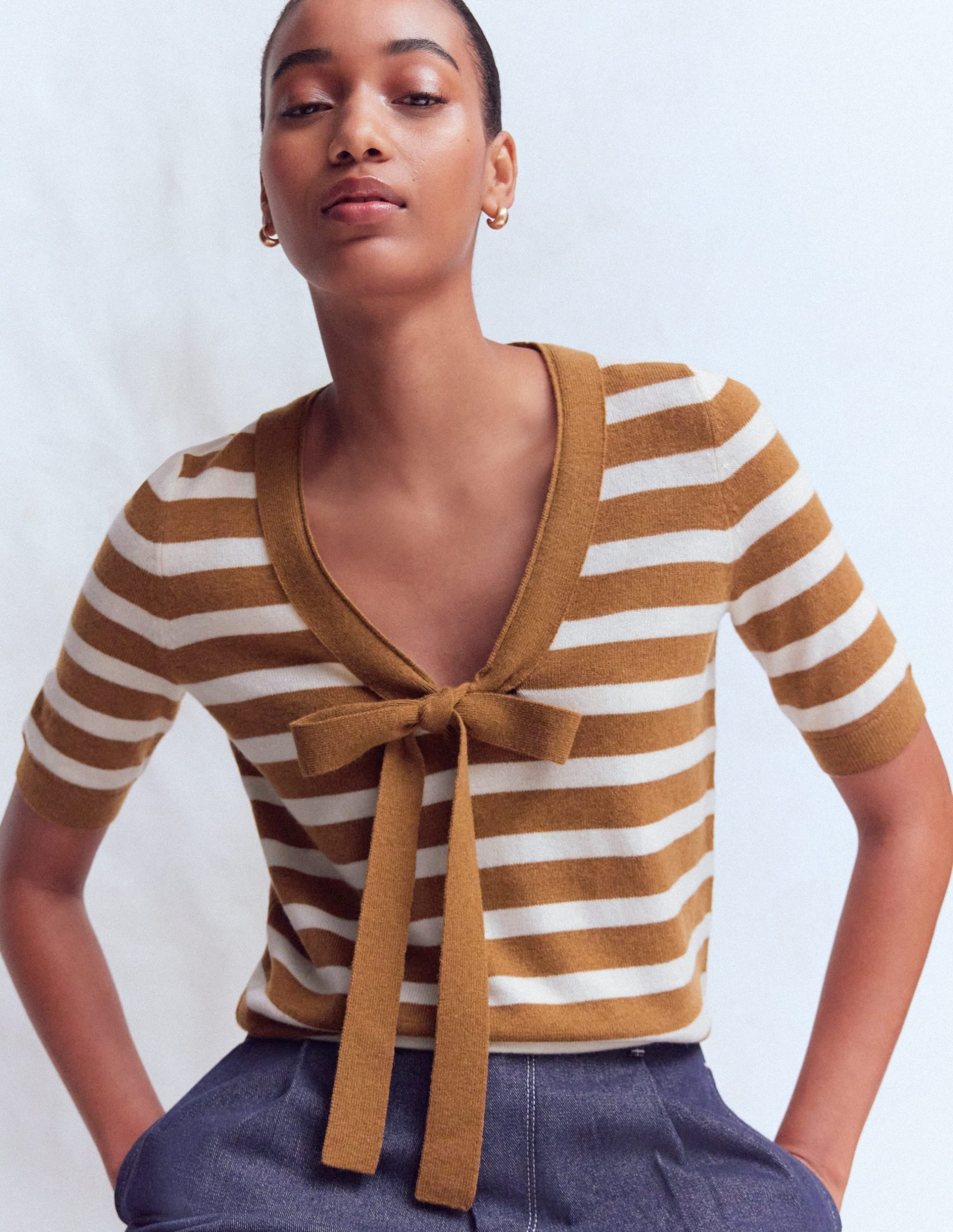 Bow Neck Knitted T-shirt-Gingerbread. Ivory Stripe