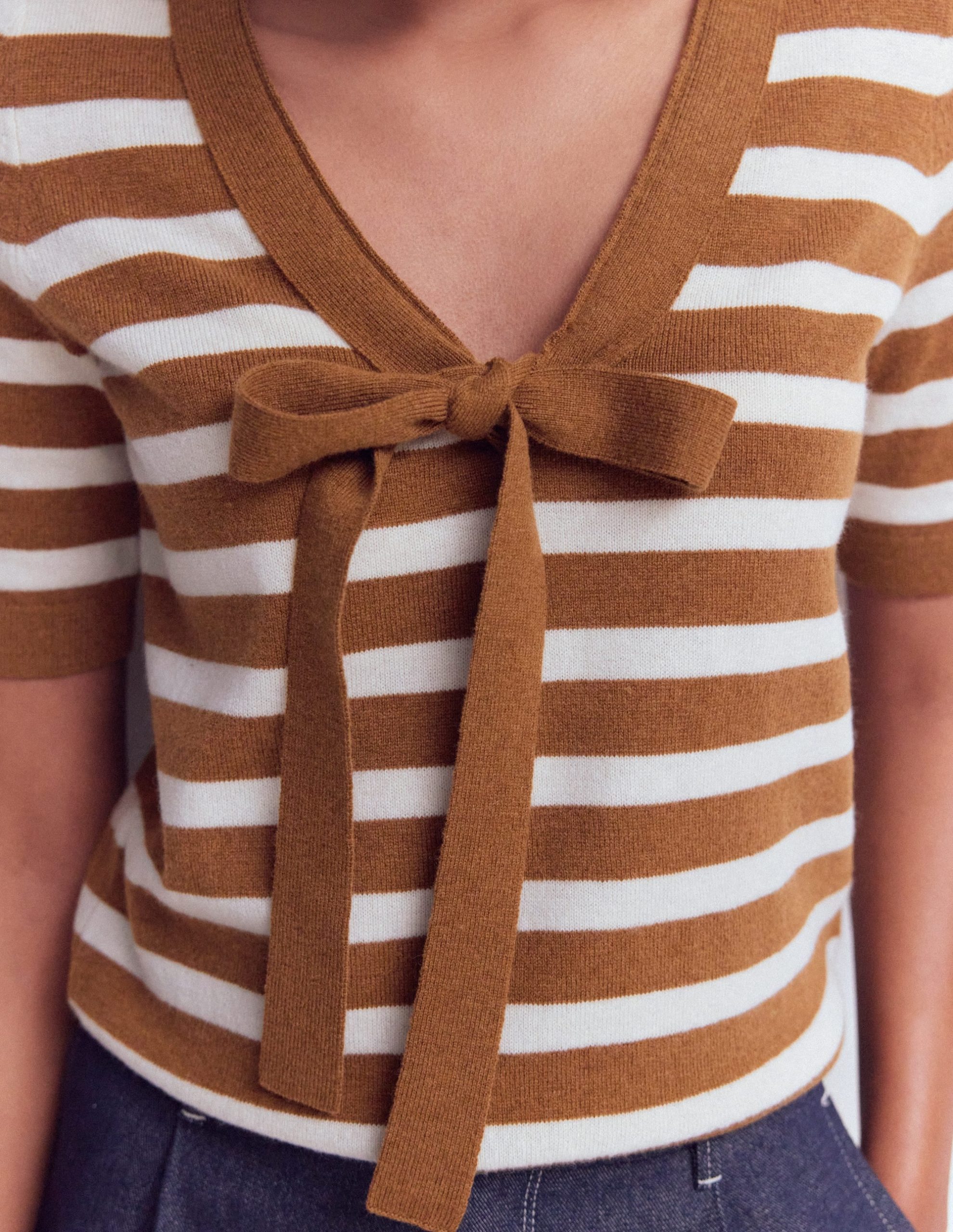 Bow Neck Knitted T-shirt-Gingerbread. Ivory Stripe - Image 2
