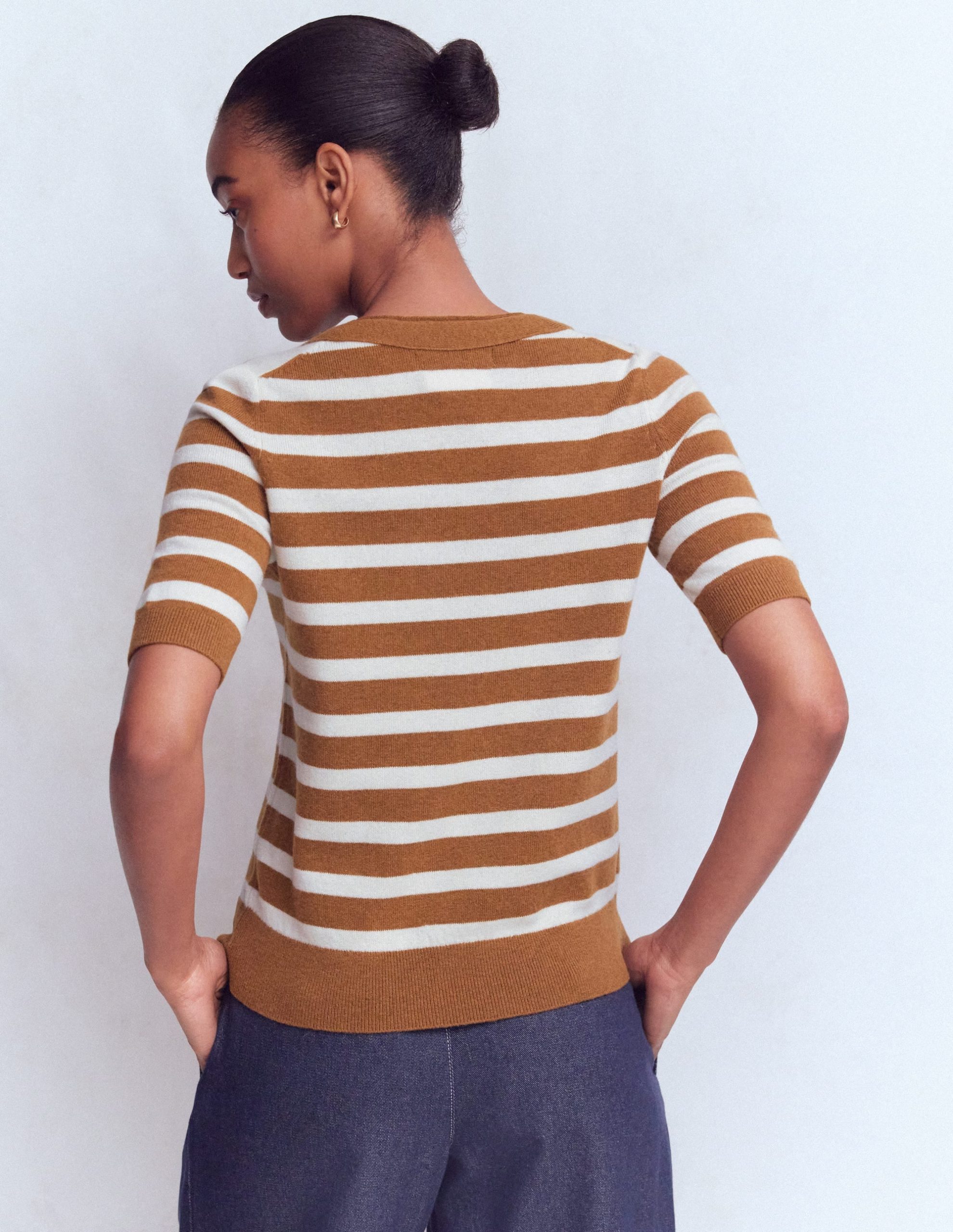 Bow Neck Knitted T-shirt-Gingerbread. Ivory Stripe - Image 3