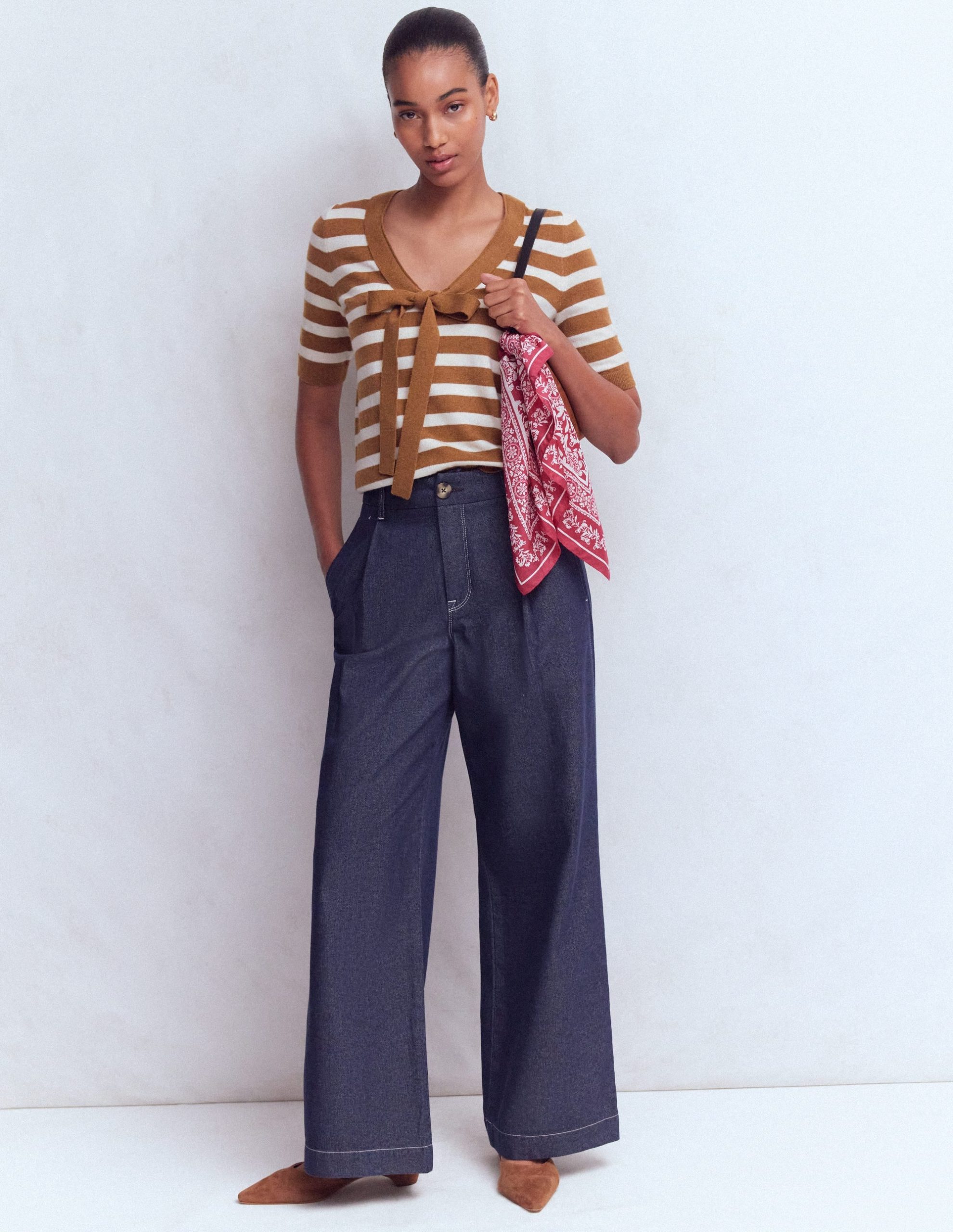 Bow Neck Knitted T-shirt-Gingerbread. Ivory Stripe - Image 4