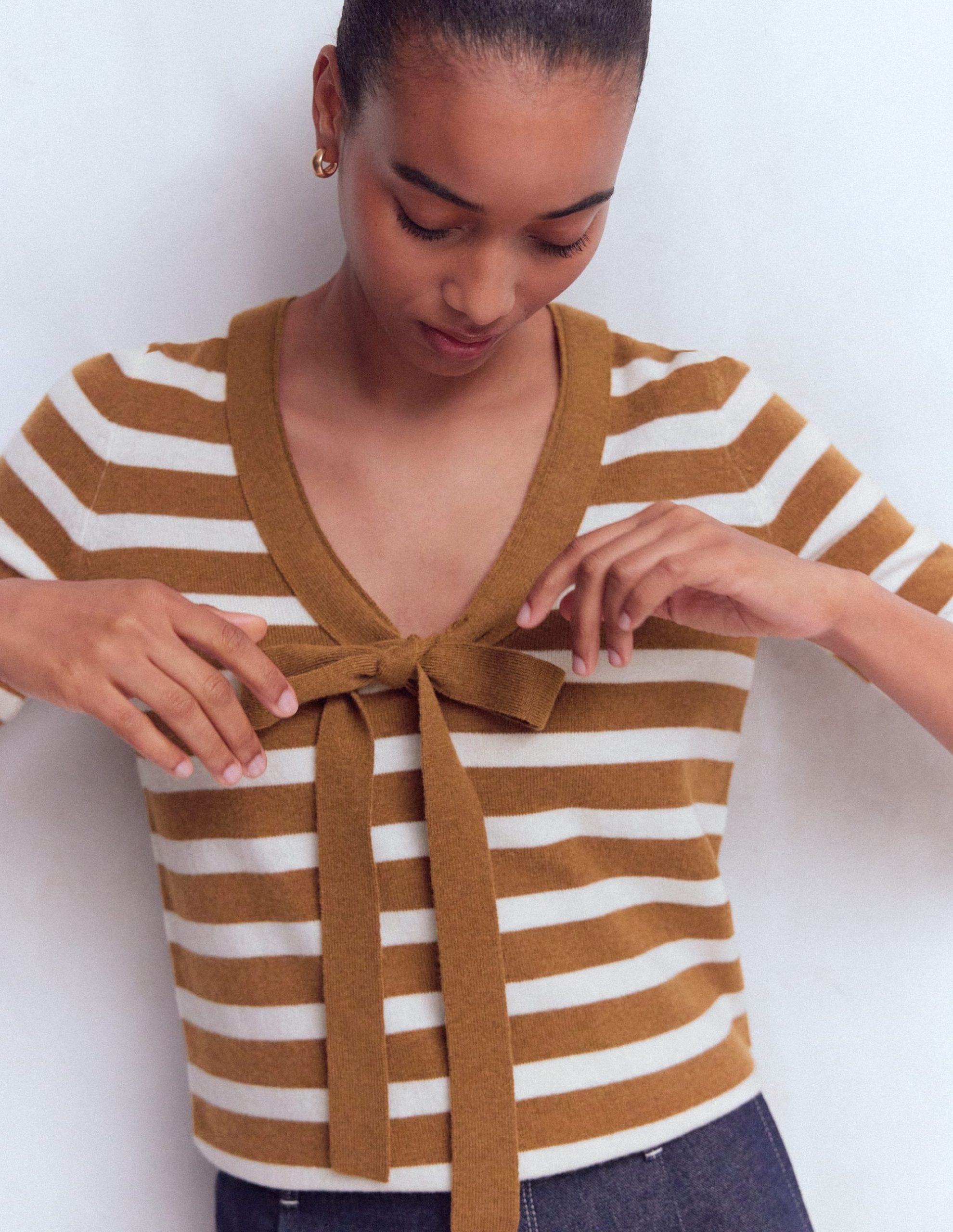 Bow Neck Knitted T-shirt-Gingerbread. Ivory Stripe - Image 5