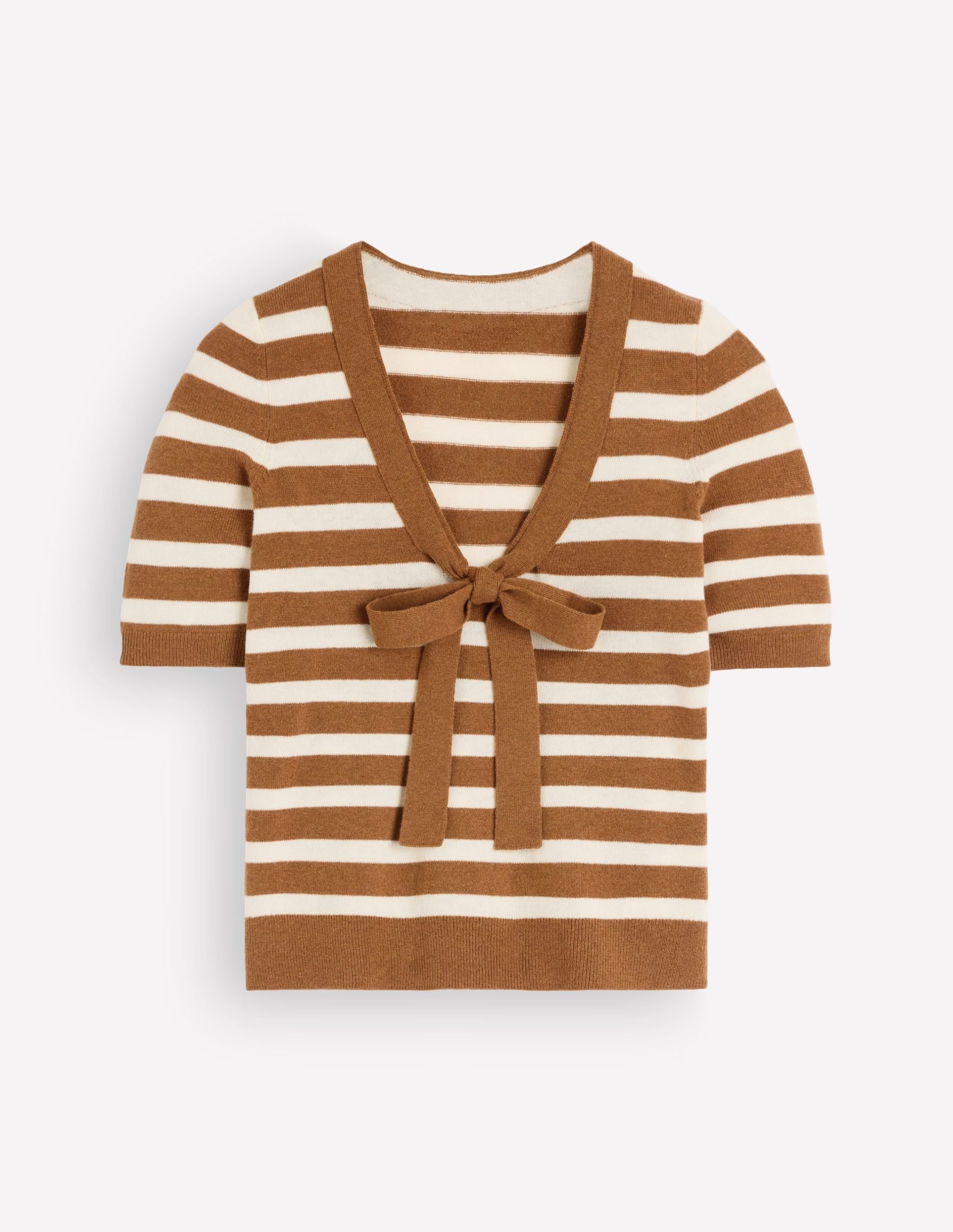Bow Neck Knitted T-shirt-Gingerbread. Ivory Stripe - Image 6
