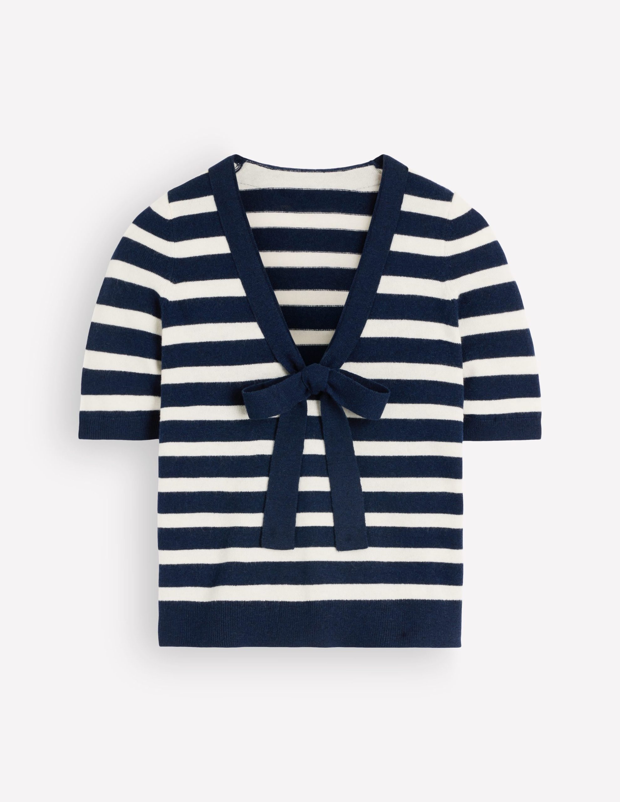 Bow Neck Knitted T-shirt-Navy. Ivory Stripe - Image 6