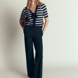 Bow Neck Knitted T-shirt-Navy. Ivory Stripe